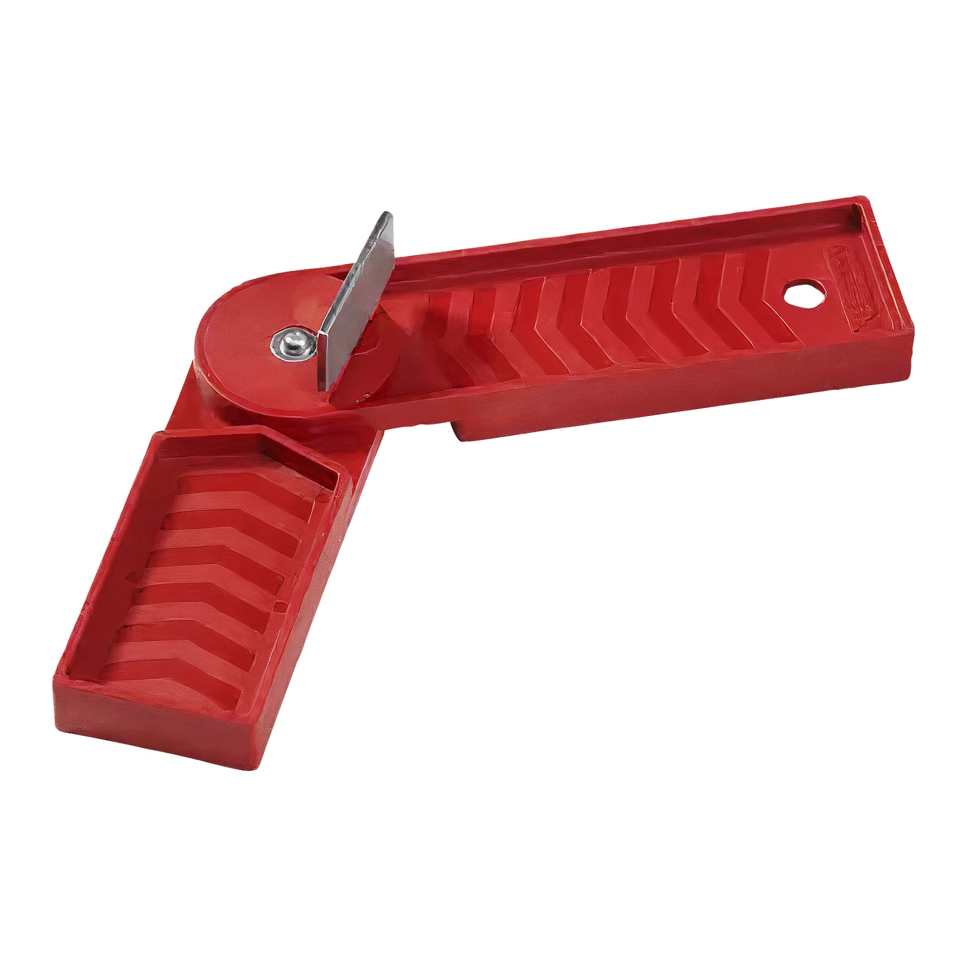 Ein rotes Hultafors-Gehrungs-Winkelschneidwerkzeug aus Kunststoff verfügt über eine Metallklinge, eine gerillte Oberfläche, einen Scharniermechanismus und ein Loch zum Aufhängen oder Anbringen.