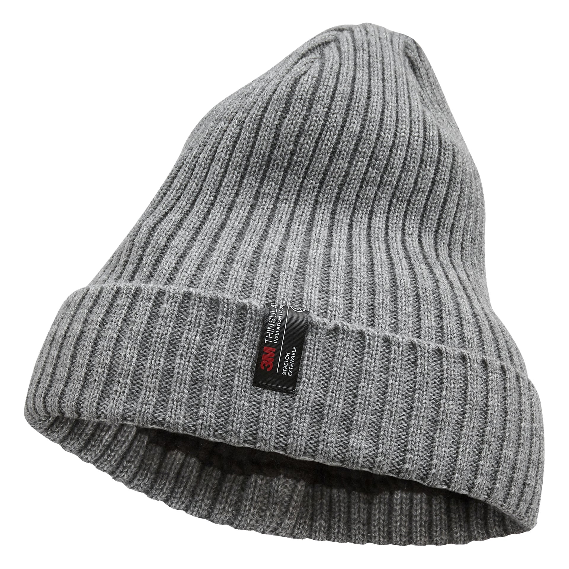 Eine graue, gerippte Strickmütze von Bluewear hat eine gefaltete Krempe, mit einem schwarzen Etikett, das das 3M Thinsulate-Logo und Text darauf hinweist. Das Etikett zeigt an, dass die Mütze isoliert ist, um zusätzliche Wärme zu gewährleisten.