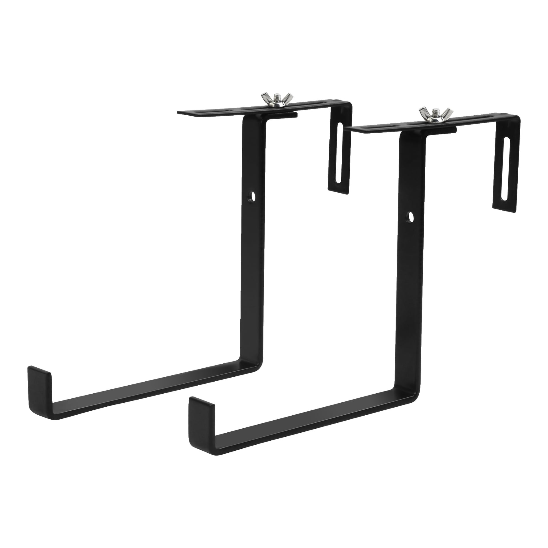 Paar schwarze Metall-Hard Head Blumenbox-Halterungen, zusammen verkauft, jeweils mit verstellbaren Schlitzen, Befestigungslöchern und Hinterklappmuttern oben. Geeignet für Wandmontagen oder das Aufhängen von Gegenständen, nebeneinander ausgestellt.