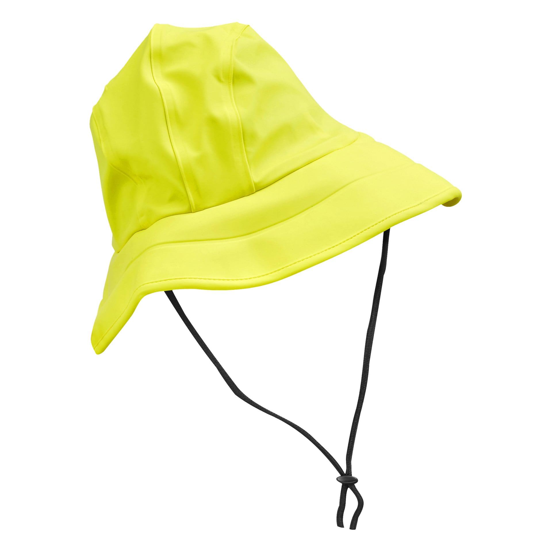 Ein leuchtend gelber Bluewear Sou'wester Bucket Hat mit breitem, abschüssigem Rand und einem schwarzen, verstellbaren Kinnriemen, gefertigt aus wasserdichtem Material.