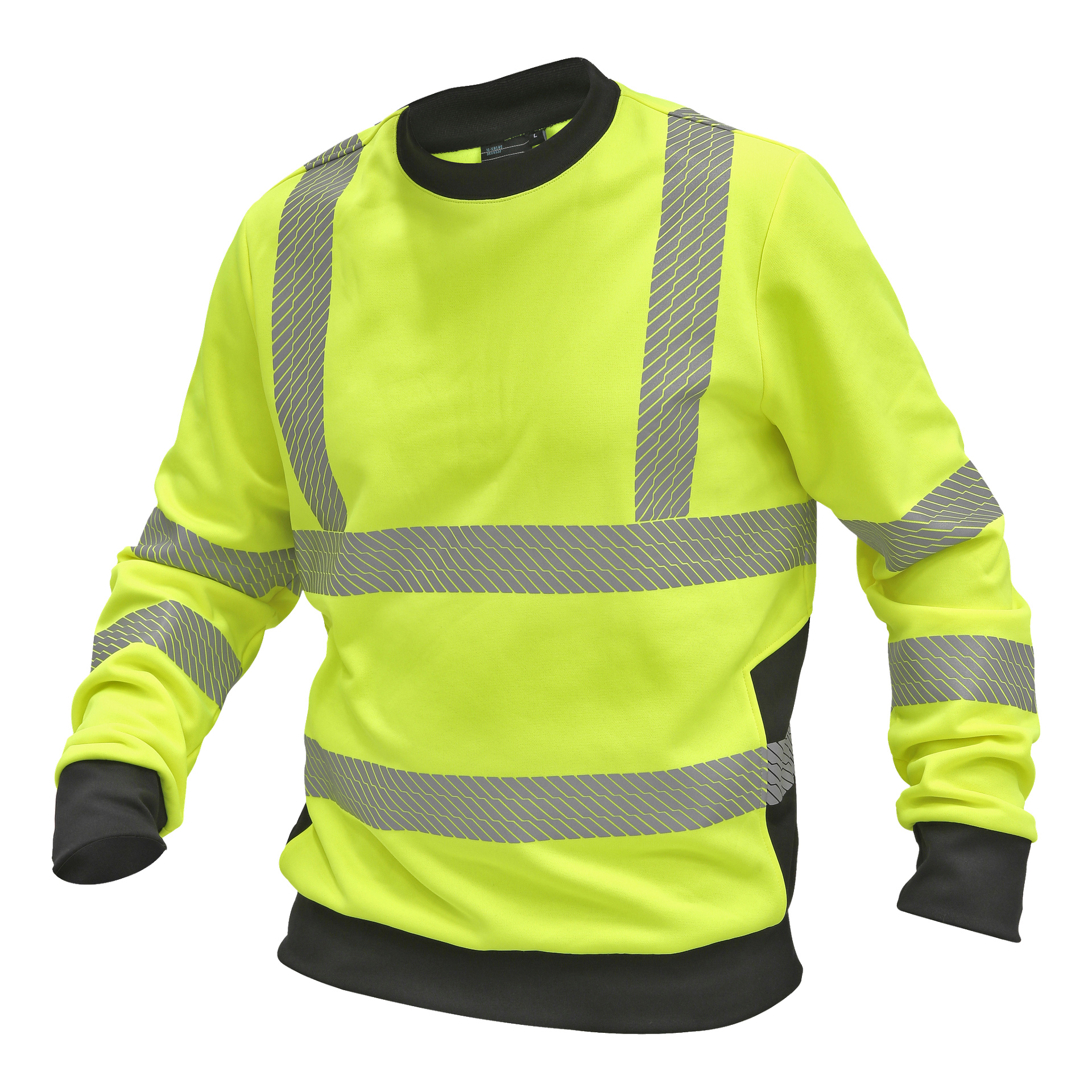 En høy-synlig Bluewear-genser i fluorescerende gult med lange ermer, fremhevet av reflekterende sølvbånd på bryst, skuldre og armer. Plagget har svarte mansjetter, krage og linning, og er vist på en usynlig dukke.