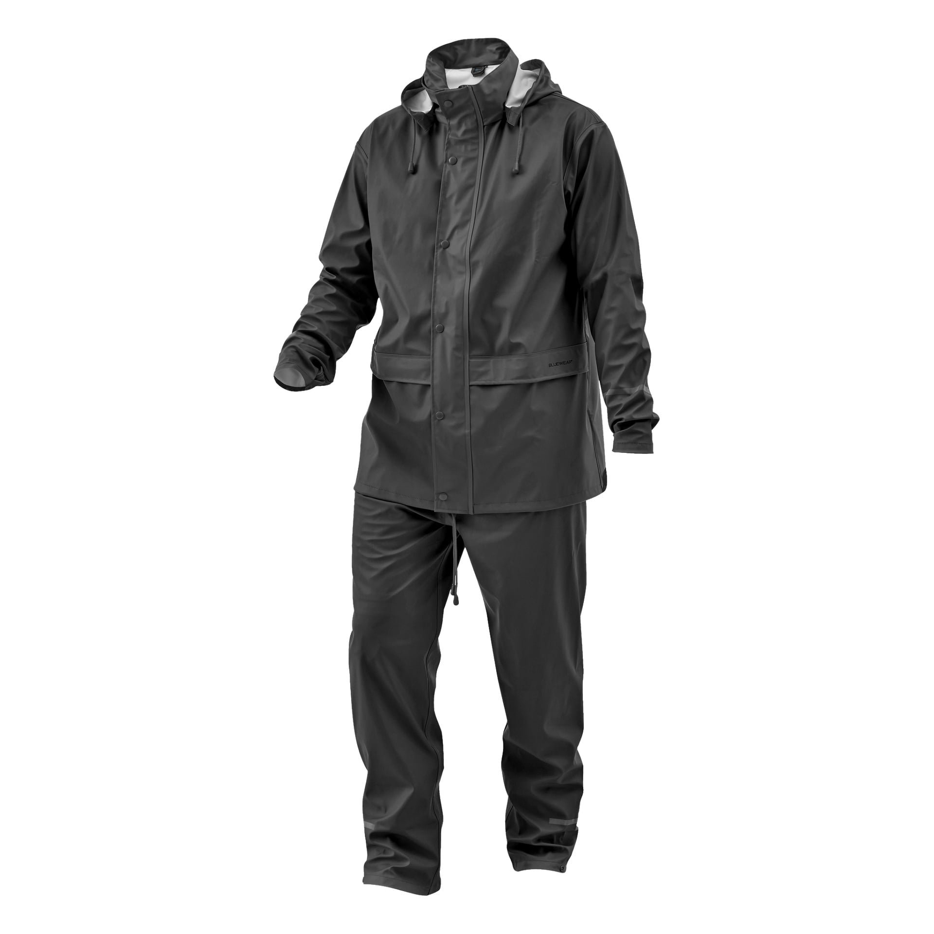En Black Bluewear regndrakt inkluderer hettegenser og matchende bukser, som gir heldekkende beskyttelse. Det todelte settet er laget av vanntett materiale.