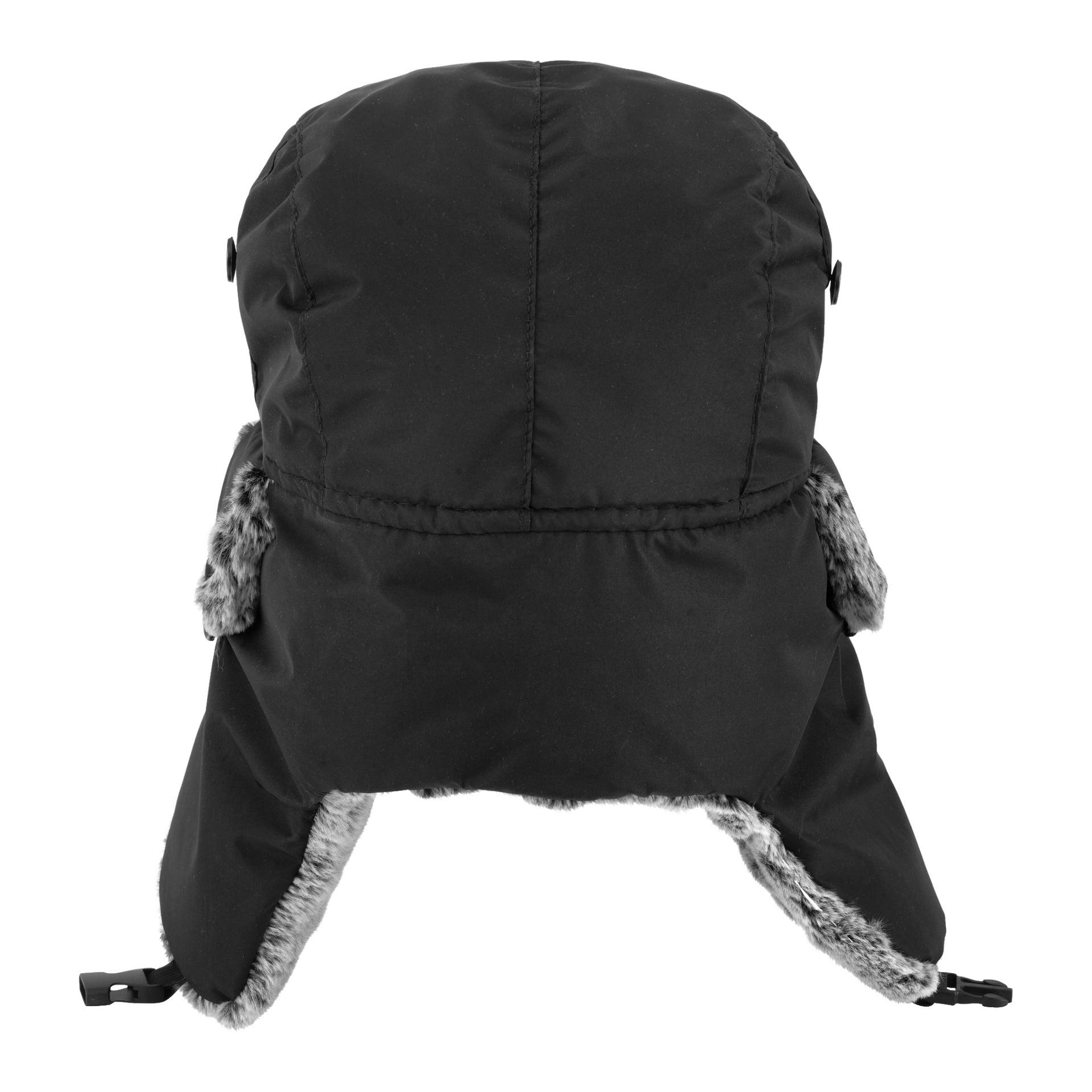 Schwarzer Kayoba Outdoor-Ohrklappenhut mit Kunstfellfutter, Ohrklappen und verstellbaren Riemen, die von hinten gezeigt werden.