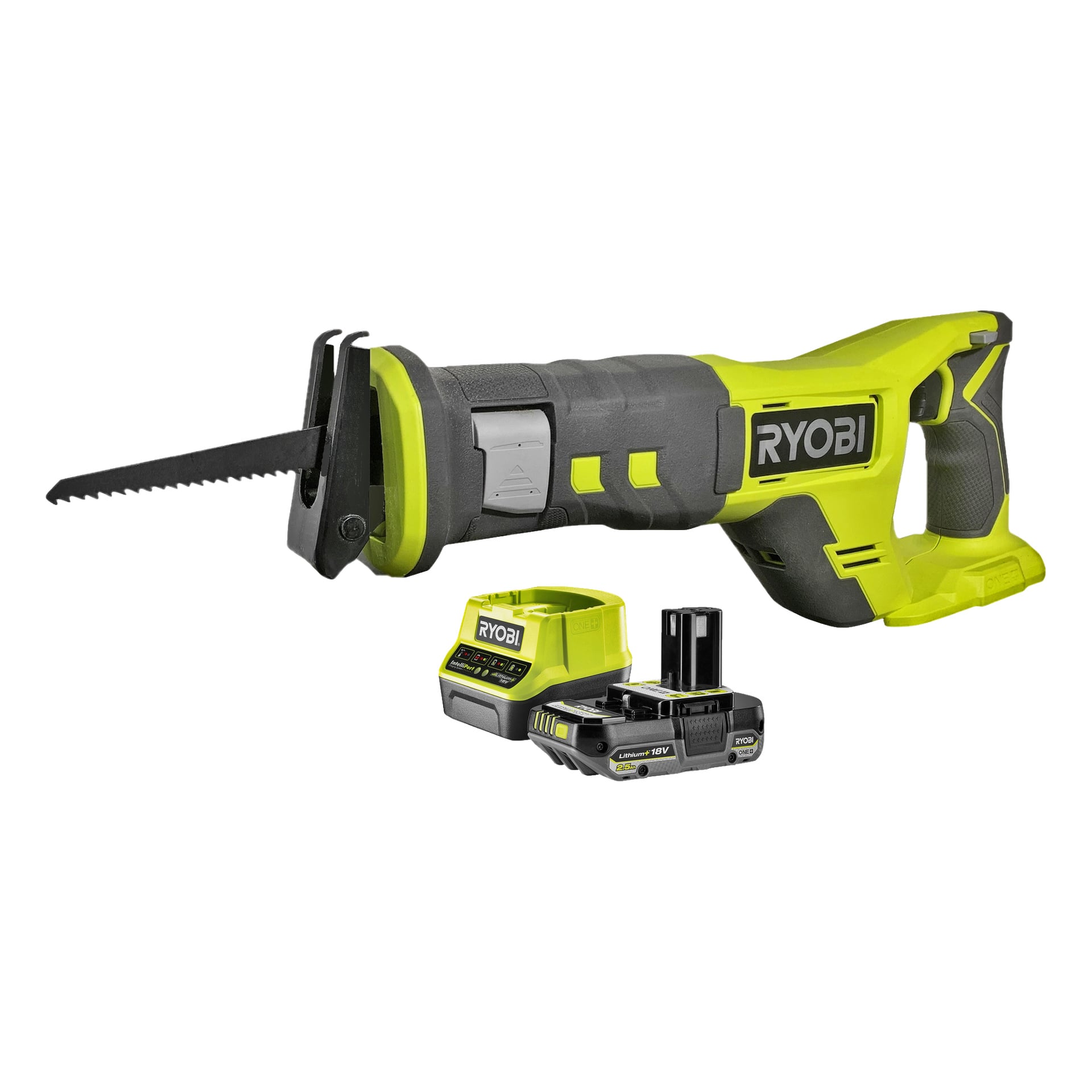 Eine Ryobi One+ RRS18-125G batteriebetriebene Hubkolbensäge mit schwarzem Blatt, dargestellt mit einer gelb-schwarzen Batterie und einem passenden Ladegerät vorne.