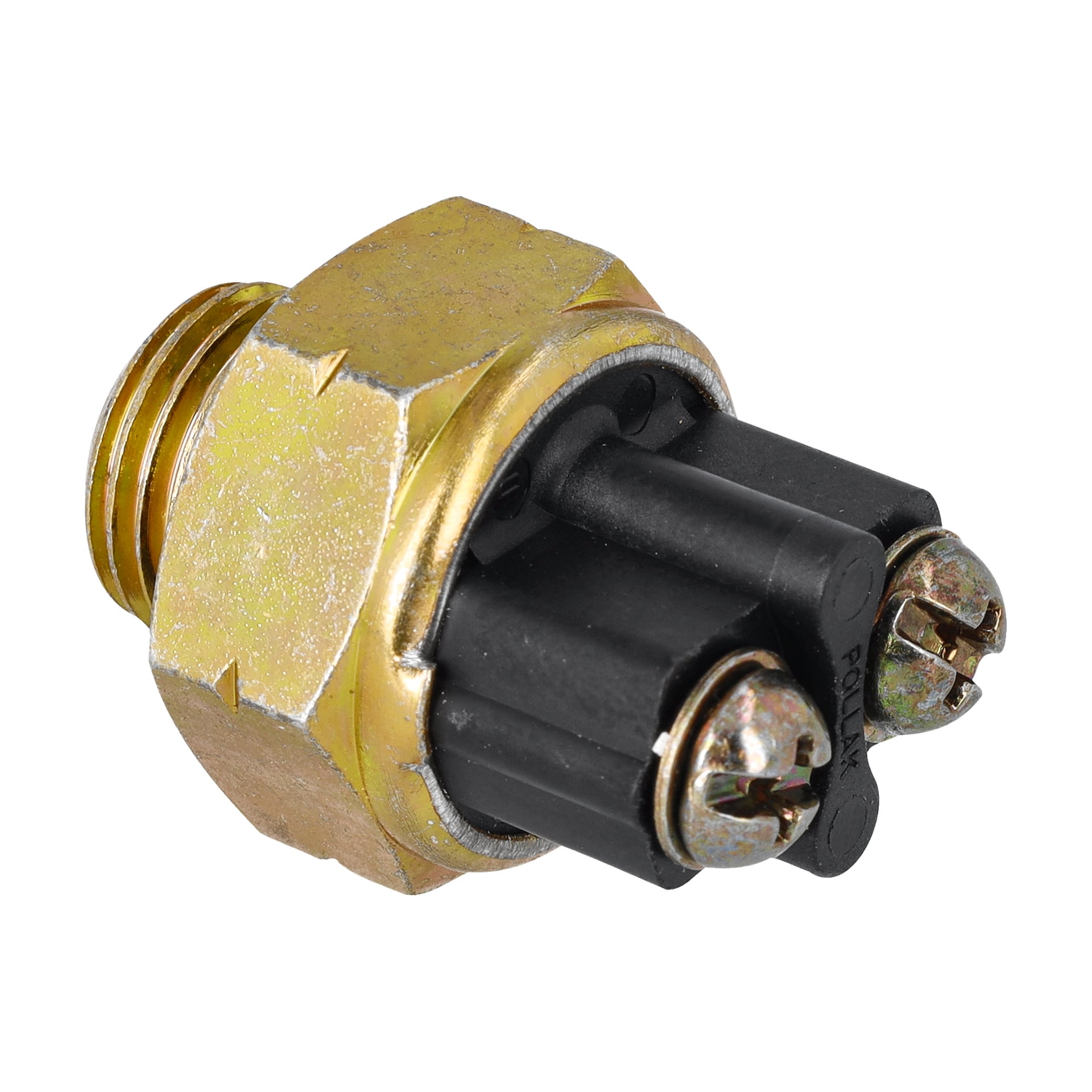 Närbild av Switch Gearbox F. 020535 med en mässingssexsockel och två svarta plastskruvade terminaler.