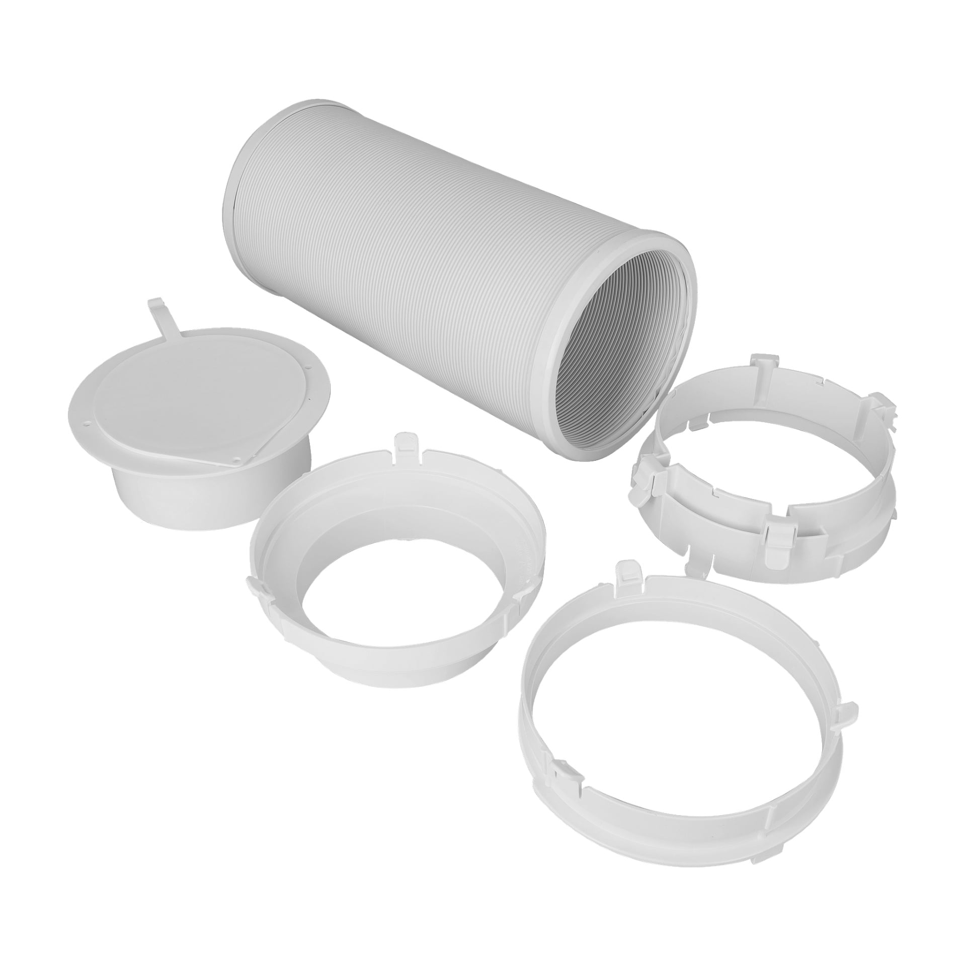 Connection-enhetens luftkonditionering har en vit flexibel avgasslang, fyra runda plastadaptrar och ett lock.