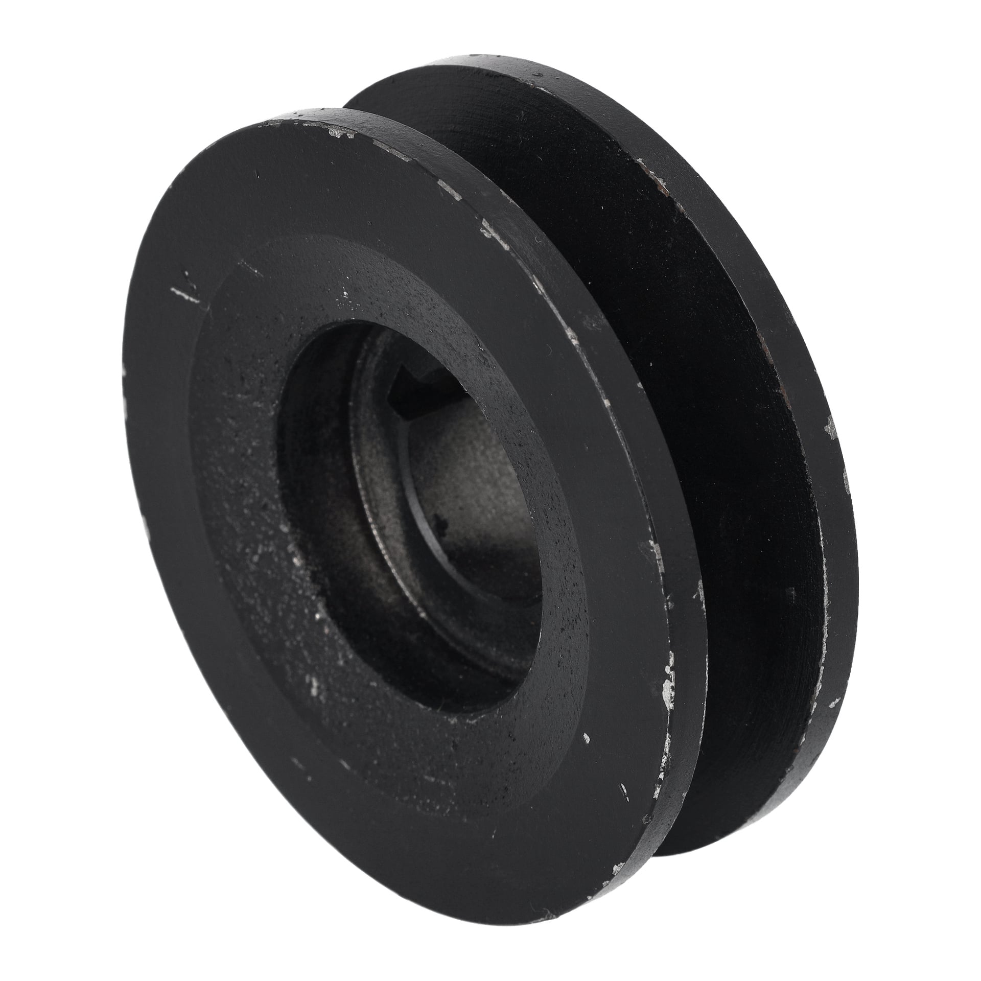 Närbild av Belt Pulley 1-spårs 003263/64 med en svart metallkropp, centralt hål, spårig kant och lätta ytrepor.