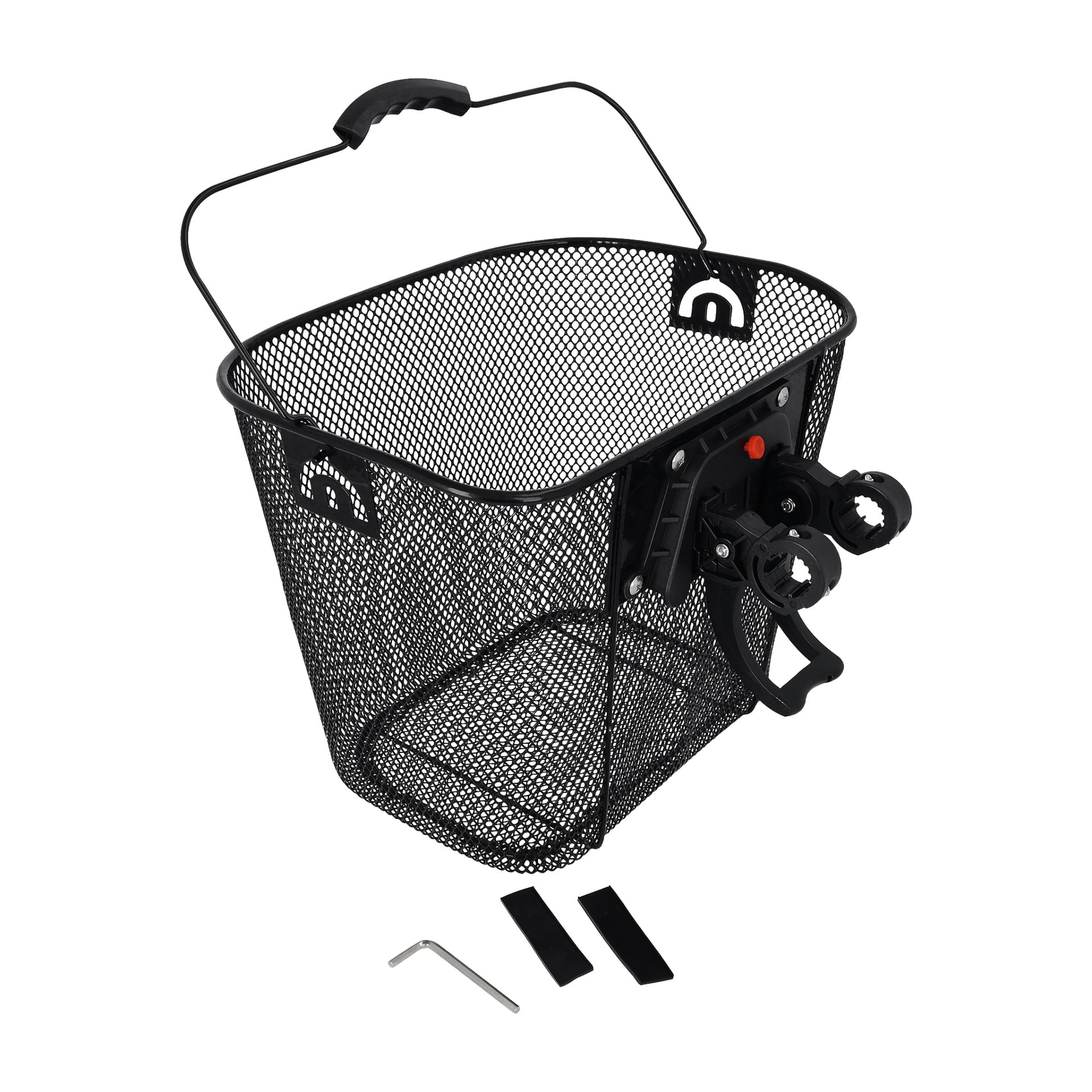 Bicycle Basket Electric Bike har en svart metallkorg i nät med handtag, snabbfäste, insexnyckel och två monteringslistor.
