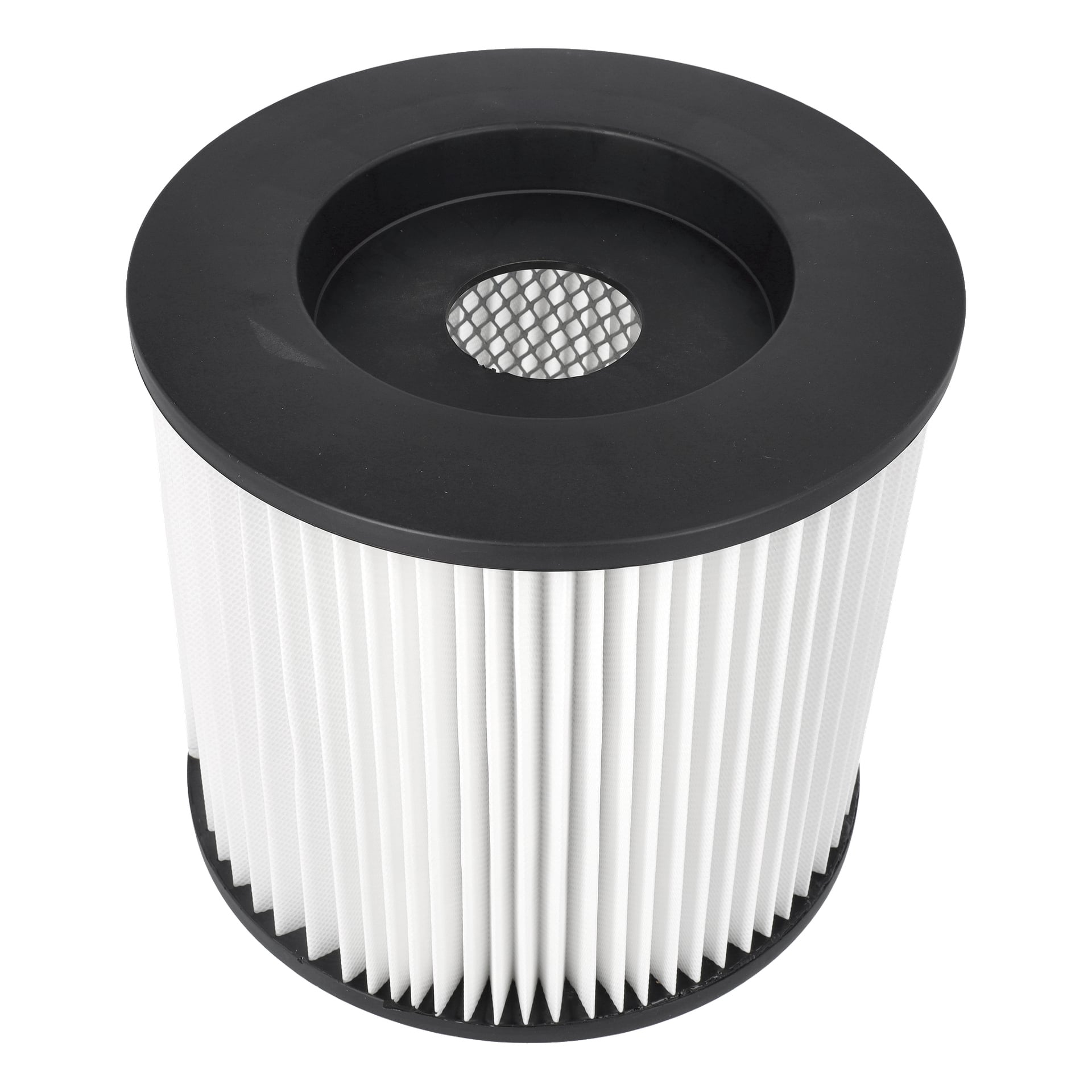 Cylindryczny filtr Hepa F. 014123 z czarnymi plastikowymi końcówkami, białym materiałem z plisowanym filtrem oraz siateczkowym otworem środkowym.