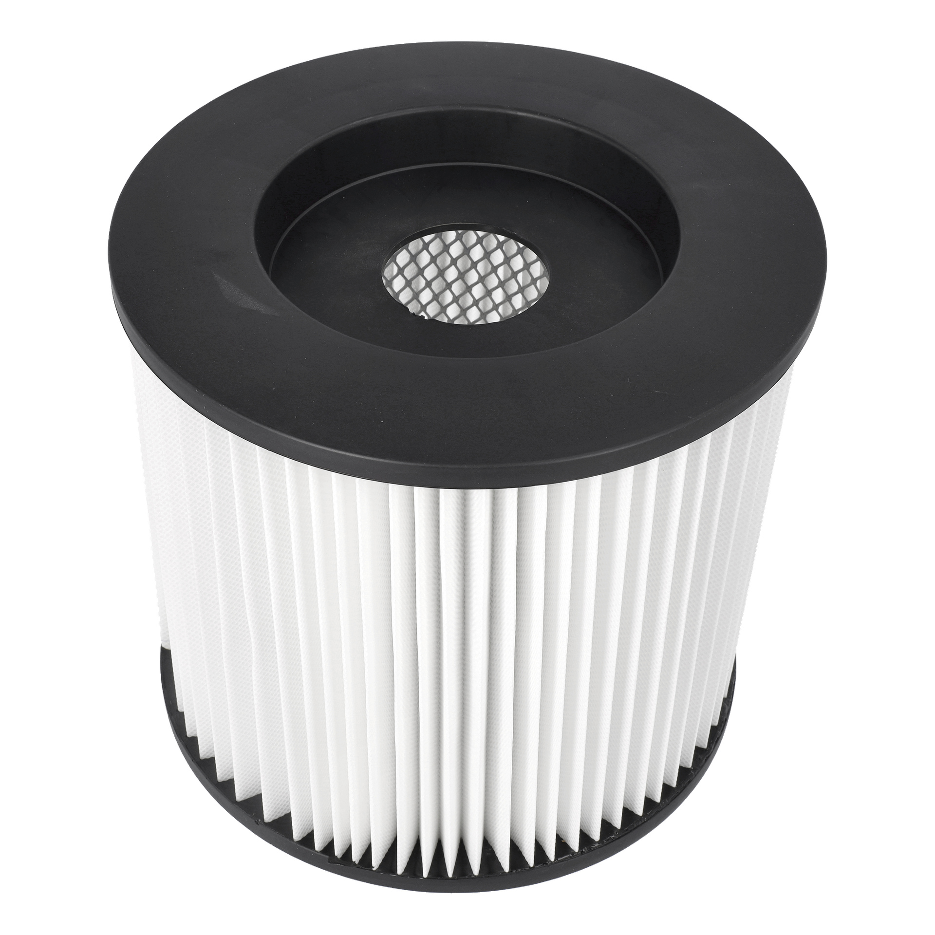 Cylindriskt Hepa-filter F. 014123 med svarta plaständar, vechelt vitt filtermaterial och en mittöppning täckt av nät.