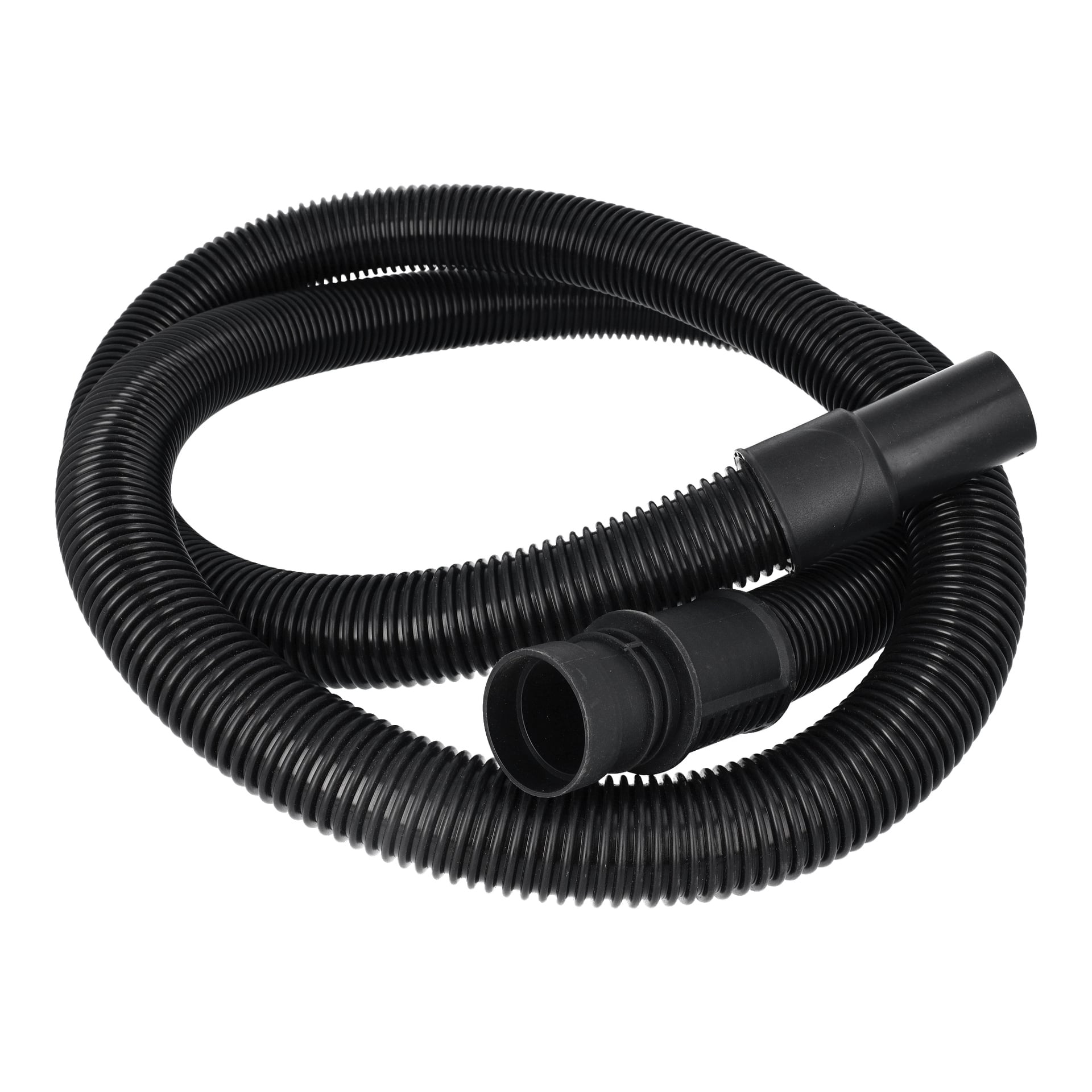 Vac. Cleaner Hose F. 014123 är en svart, flexibel korrugerad slang med plastkopplingar i båda ändarna, prydligt lindad.
