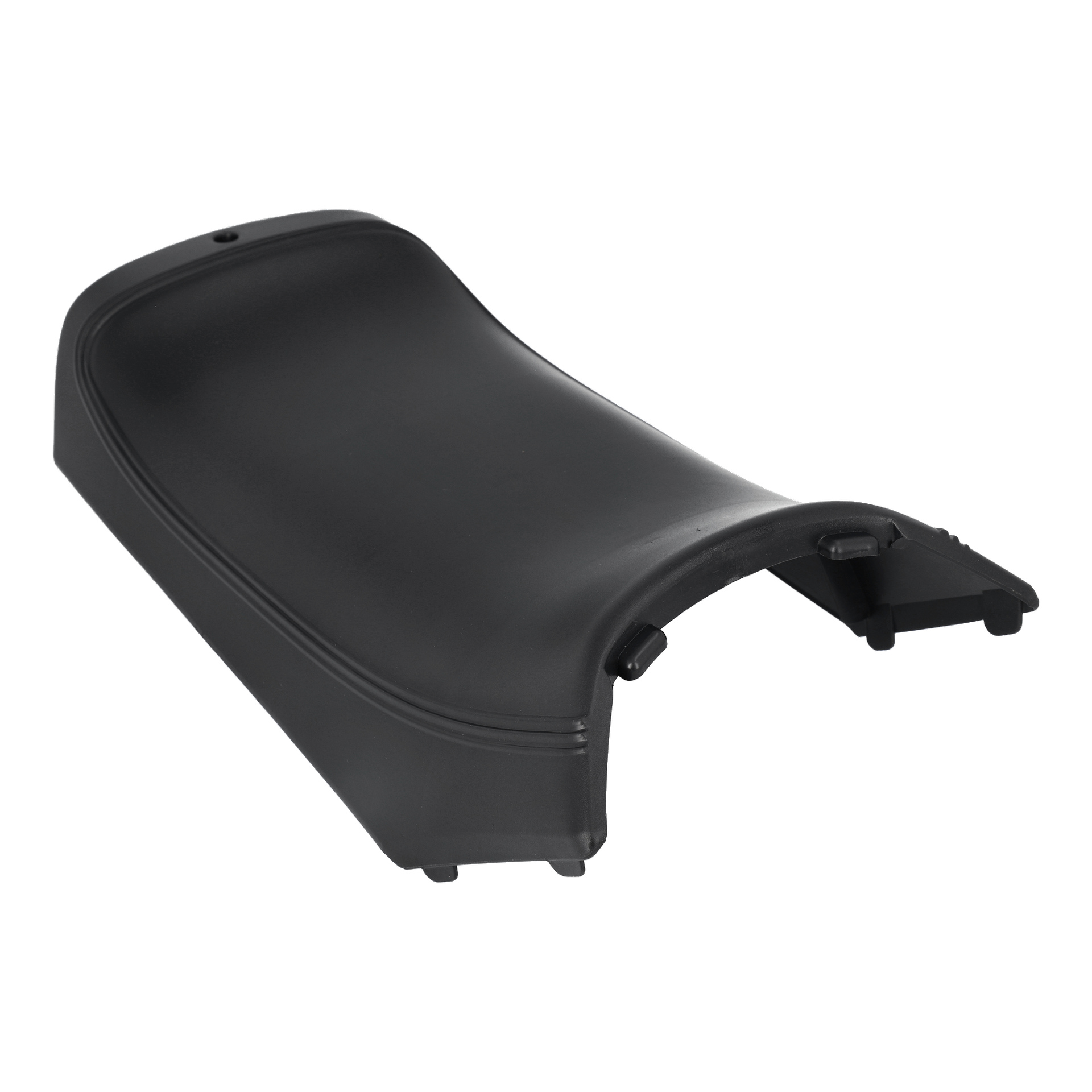 Zakrzywiony plastikowy Seat F. 023483 z eleganckim wykończeniem, podniesionymi krawędziami oraz kilkoma małymi wcięciami i zaczepkami na jednym końcu.