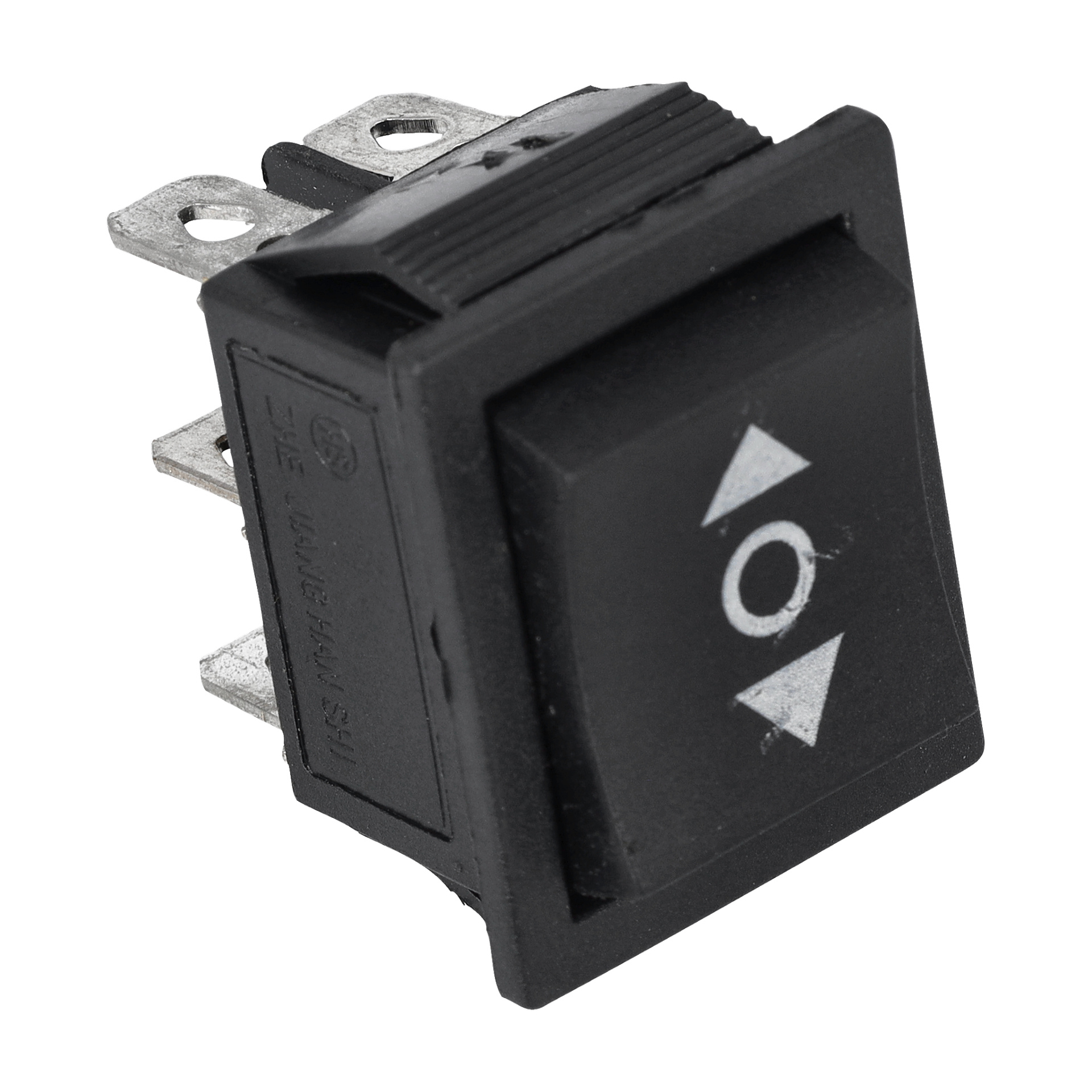 Närbild på Switch Fram/Baksida F. 023480, en svart rektangulär vippbrytare med två metallstift och en dubbelpil för upp/ner.