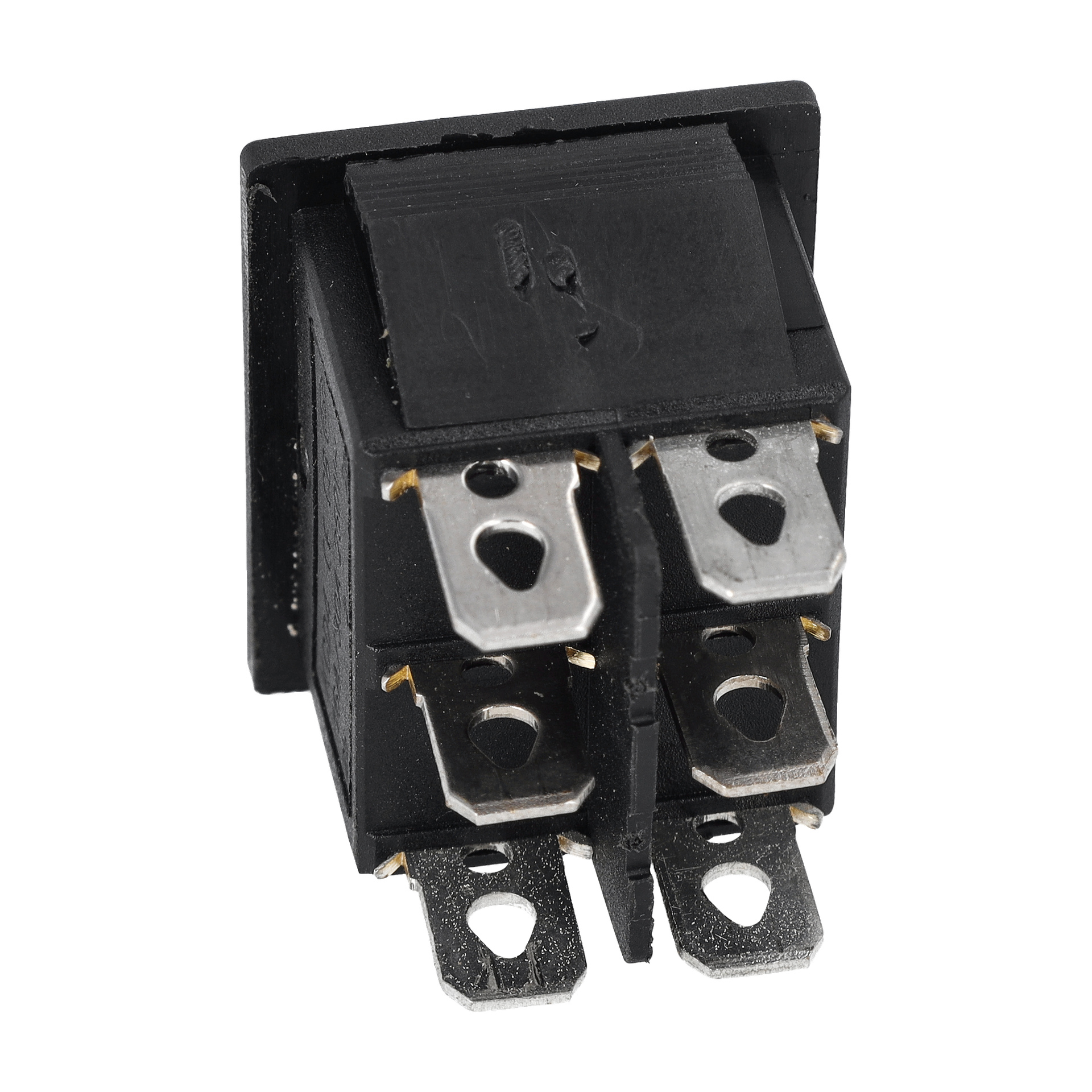 Närbild av Switch Front/Back F. 023480, en svart rektangulär vippknapp med fyra metallstift, vinklad så att den syns både upptill och på sidan.