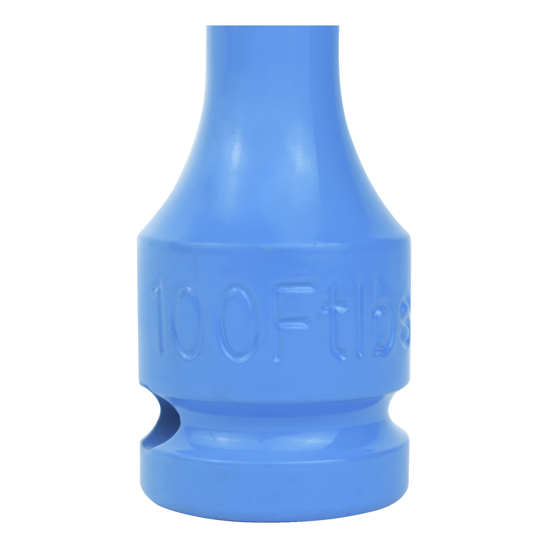 Eine Nahaufnahme einer blauen Meec Tools-Drehmomentstange zeigt erhöhte Buchstaben mit der Aufschrift "100 ft lbs" auf der zylindrischen Seite, mit einer sichtbaren Rille nahe der Basis.