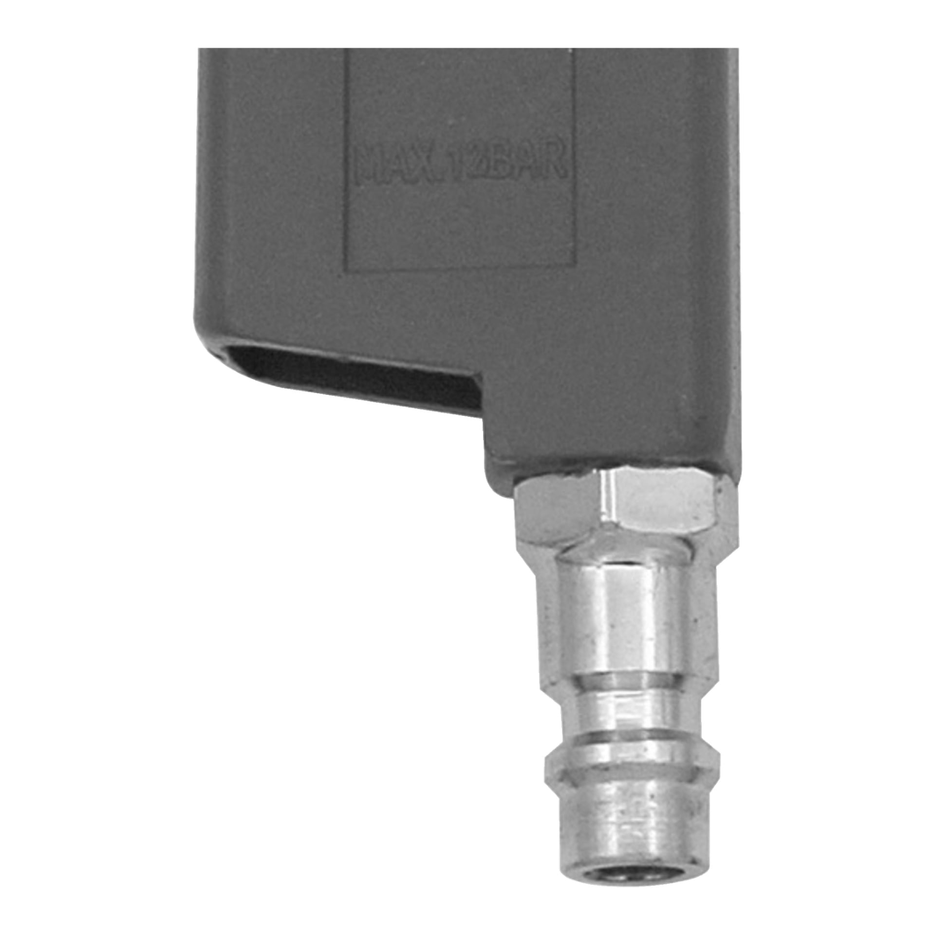 Nahaufnahme eines metallischen Luftschlauchanschlusses, der am dunklen, rechteckigen Kunststoffgehäuse eines Meec Tools Reifeninflators mit digitalem Manometer befestigt ist und auf der Oberfläche "MAX 12BAR" anzeigt.