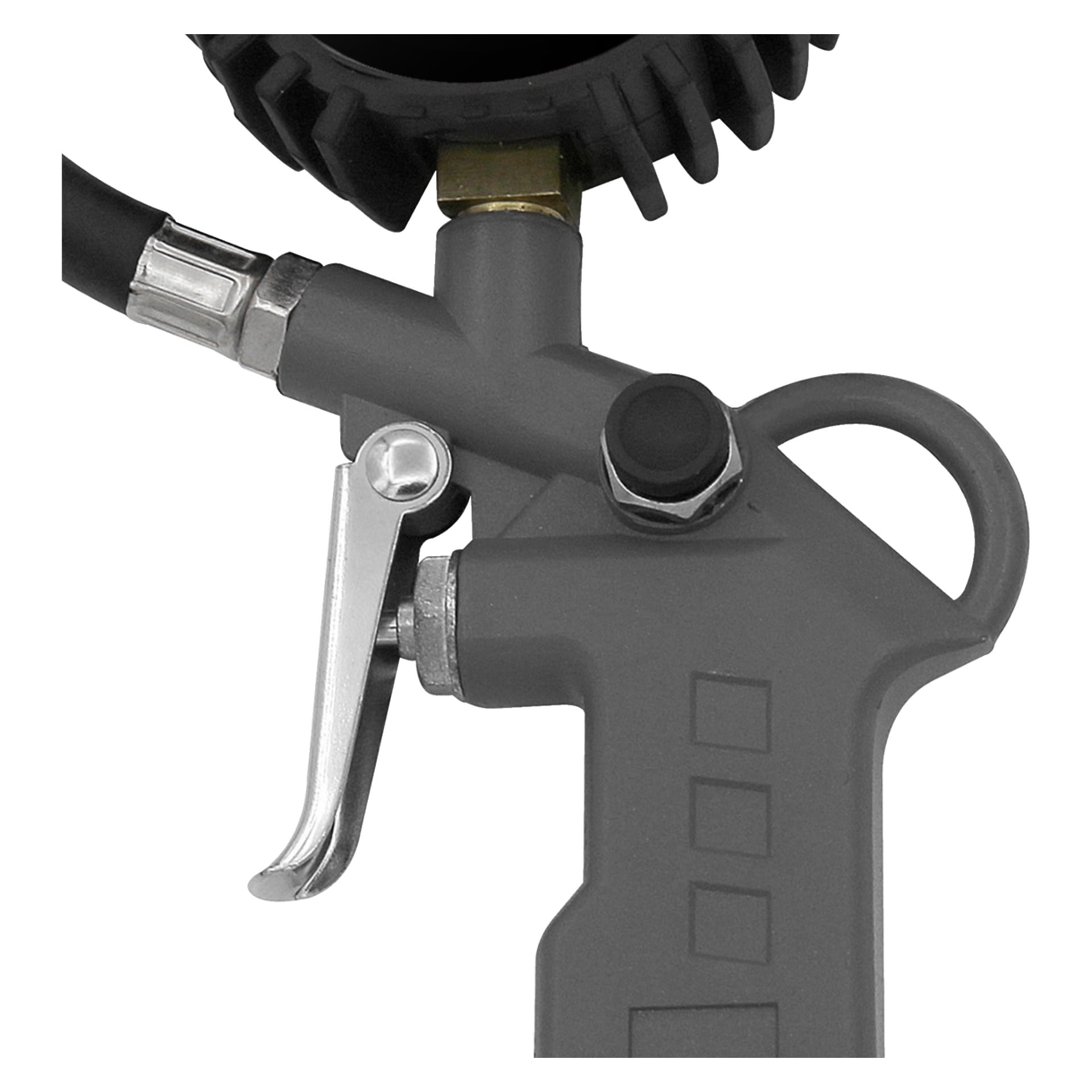 Detaillierte Nahaufnahme des Meec Tools Reifeninflators mit grauer Karosserie, Metallhebel, schwarzem Schlauchaufsatz und einem teilweise sichtbaren digitalen Druckmessgerät oben angebracht. Der Fokus liegt auf dem Griff und den Befestigungspunkten des Inflators.