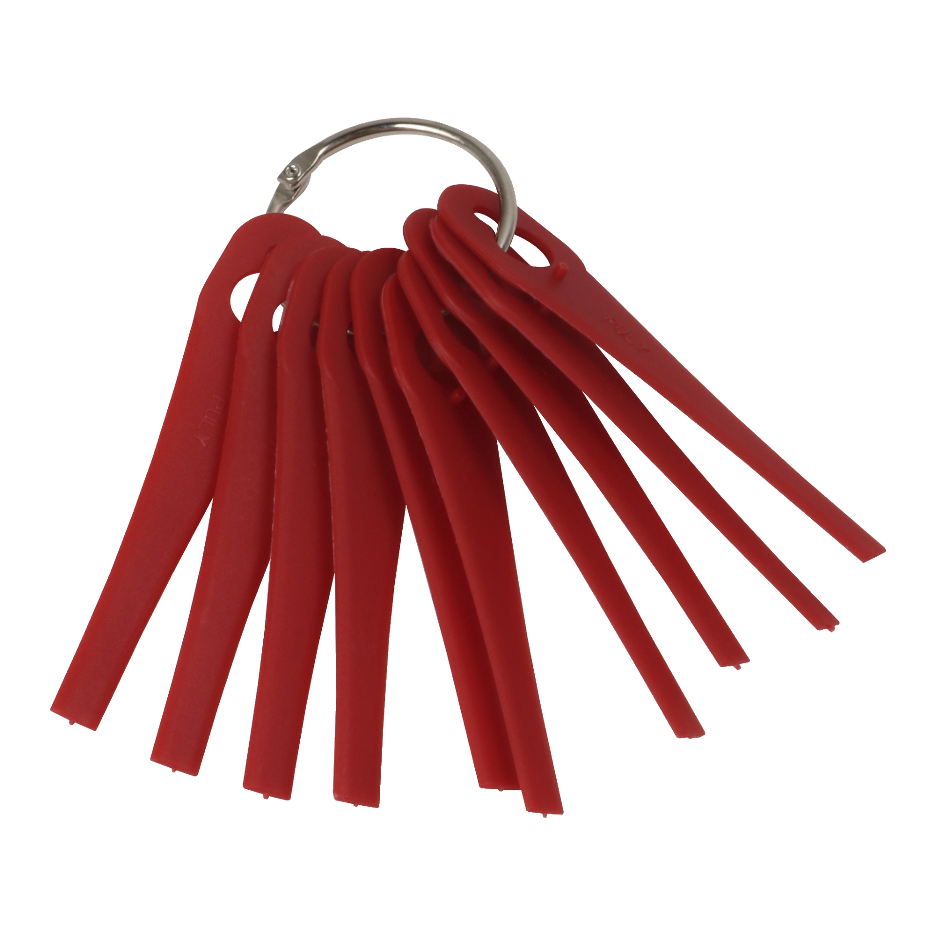 Flere slanke, flate røde plastblader fra Meec Tools for gressklippere er festet med en metallring, hvor hvert blad har et hull i den ene enden. Sekken viser ti rektangulære blader med avsmalnende spisser, arrangert i en utstrakt måte for enkel tilgang.