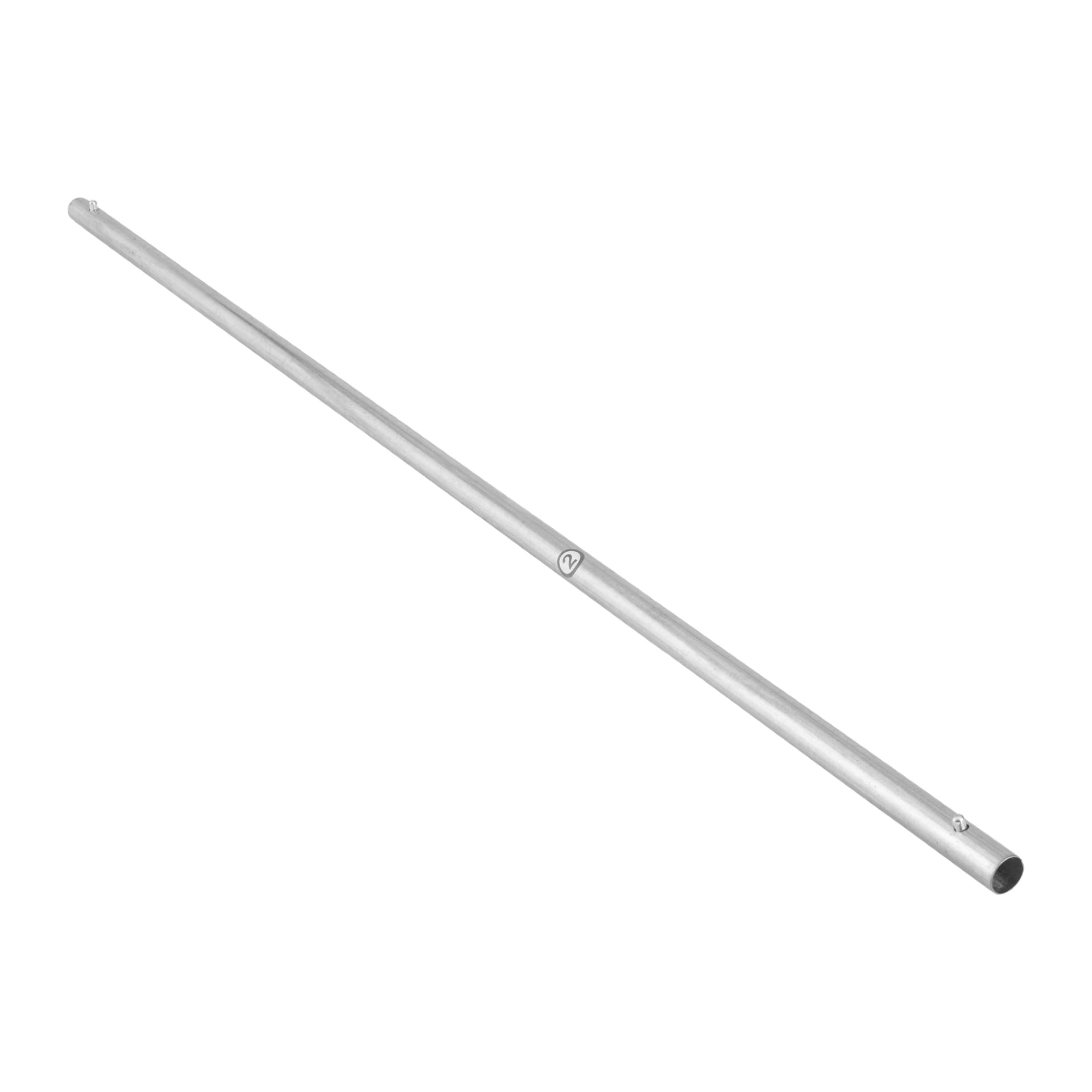 Stång nr 2 F. 011240 är en slät, lång cylindrisk metallstång placerad diagonalt, med en öppen ände och en med lock på toppen.