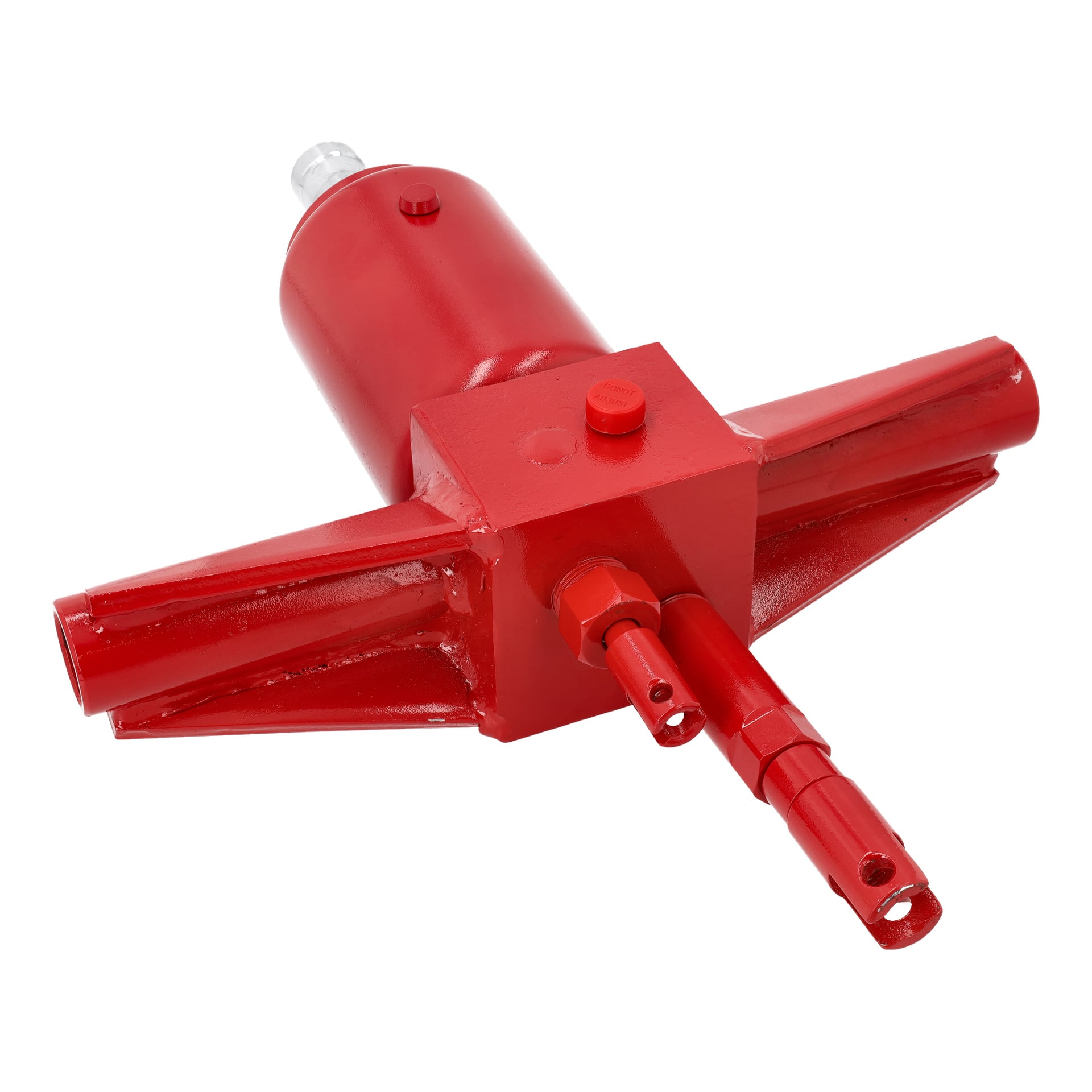 Pump Unit F. 011253 har en röd metallhydraulcylinder, ett rektangulärt mittblock och två vinklade sidostöd.