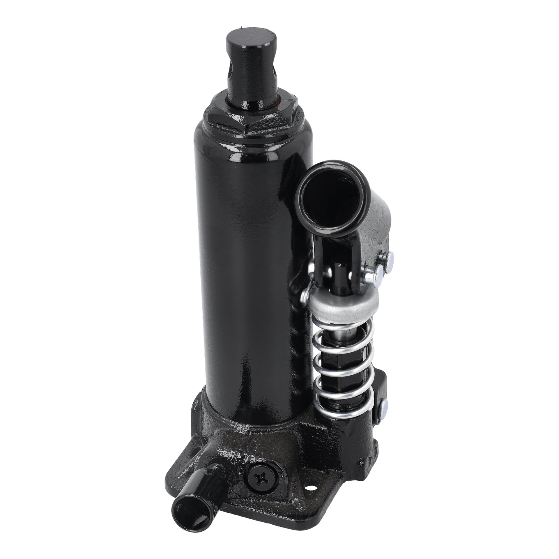 Svart hydraulisk motorcykellyft med cylindrisk kropp, metallbas, upprätt kolv, handtagsspår och en exponerad spiralfjäder.