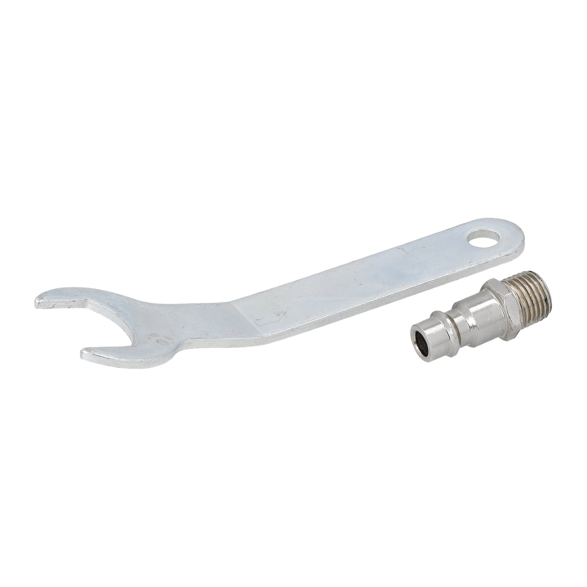 Ein flacher Metallschlüssel mit offenem Ende befindet sich neben einem kleinen Metallverschluss mit Gewinden an einem Ende und einer runden Kupplung am anderen Ende, beides Zubehör für den Meec Tools Pneumatic Eccentric Sander.