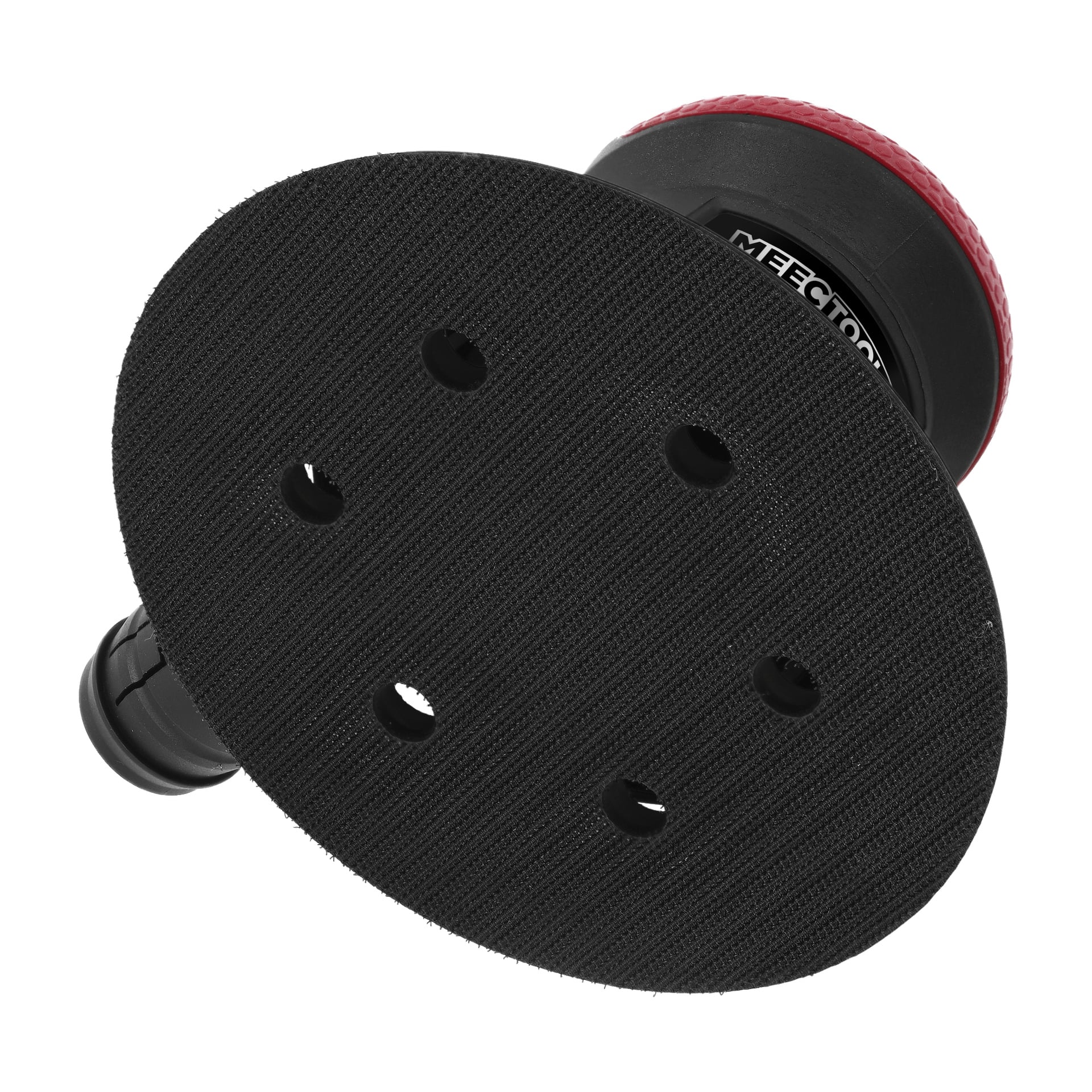 Eine detaillierte Nahaufnahme eines pneumatischen Exzentrischen Schleifers von Meec Tools, der sein überwiegend schwarzes Design mit rotem Rand und einem schwarzen Schleifpad mit sechs runden Löchern zeigt.