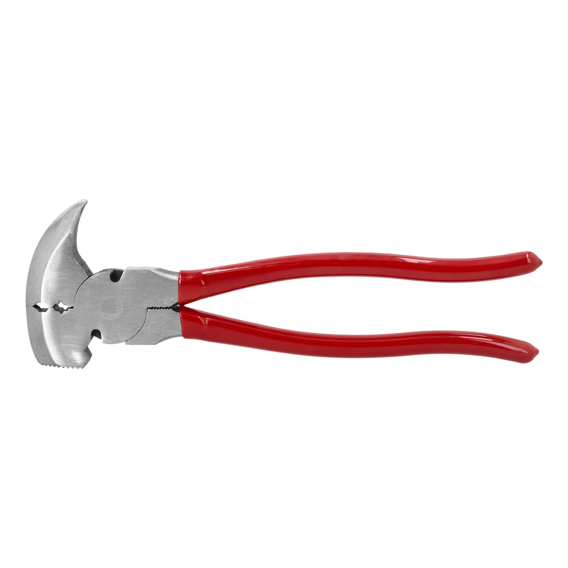 Para szczypiec Meec Tools Farmer z zakrzywioną szczęką i czerwoną plastikową powłoką. Narzędzie metalowe jest przeznaczone do chwytania lub cięcia przedmiotów.