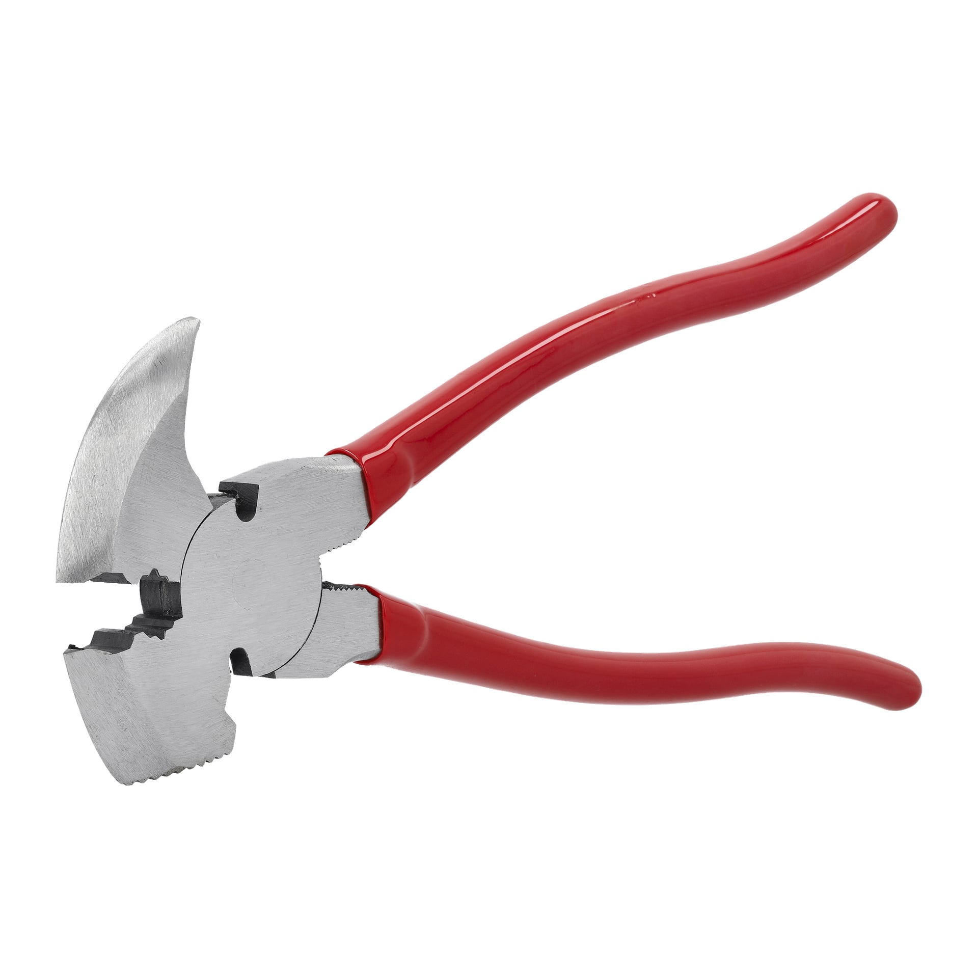 Zbliżenie na szczypce Meec Tools Farmer z czerwonymi rączkami, podkreślające ich wszechstronny design z głowicą młotka, nożycami do drutu i szczękami chwytającymi.