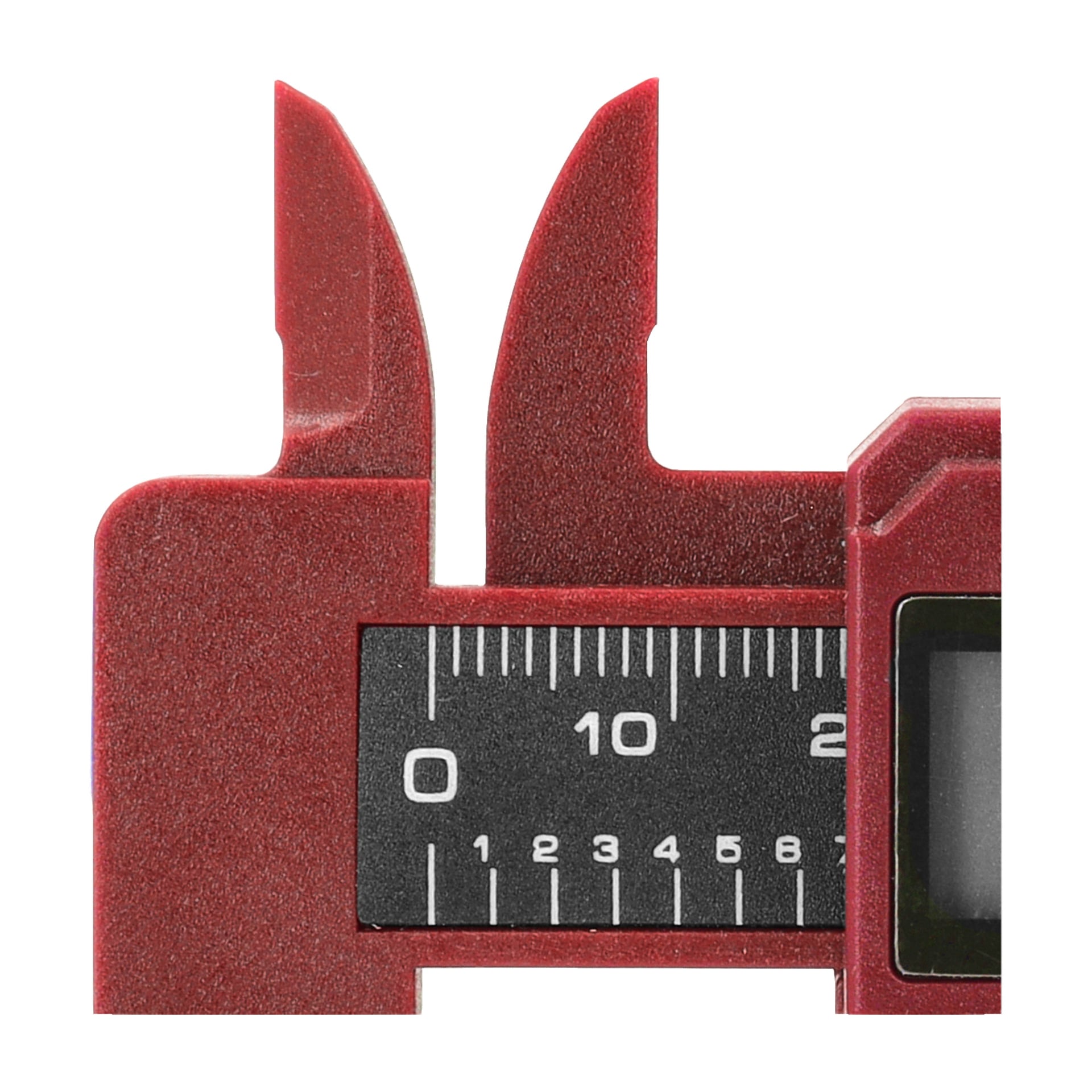 Eine Nahaufnahme eines Meec Tools Digital Vernier Bremssattels, der seine teilweise geöffneten Kiefer und eine Messskala von 0 bis 15 in Schwarzweiß zeigt.