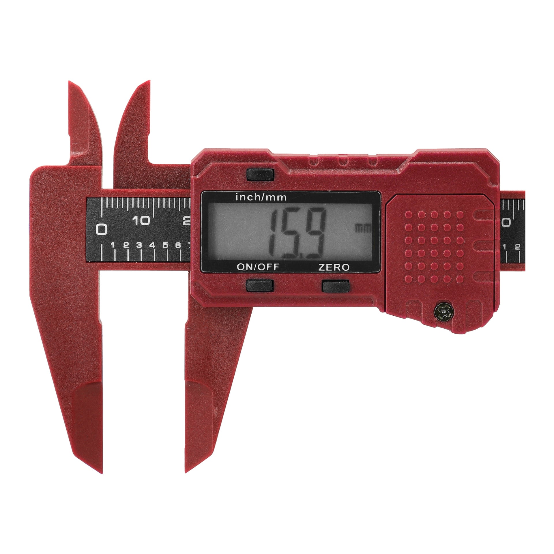 Ein digitaler Vernier-Bremssattel von Meec Tools zeigt auf seinem LCD-Display eine Anzeige von 15,9 Millimetern an. Es bietet sowohl Zoll- als auch Millimetermaßoptionen sowie Tasten zum Schalten der Einheiten, zum Ein- oder Ausschalten des Geräts und zum Zurücksetzen auf null.