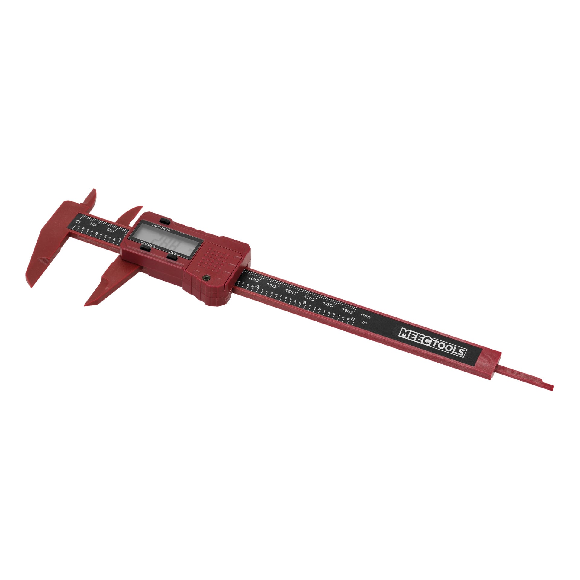 Ein roter Meec Tools Digital Vernier Bremszettel, der auf dem LCD-Display eine Messung anzeigt, mit metrischen und imperialen Linealen an der Seite sowie dem Markenetikett, das am Griff positioniert ist.
