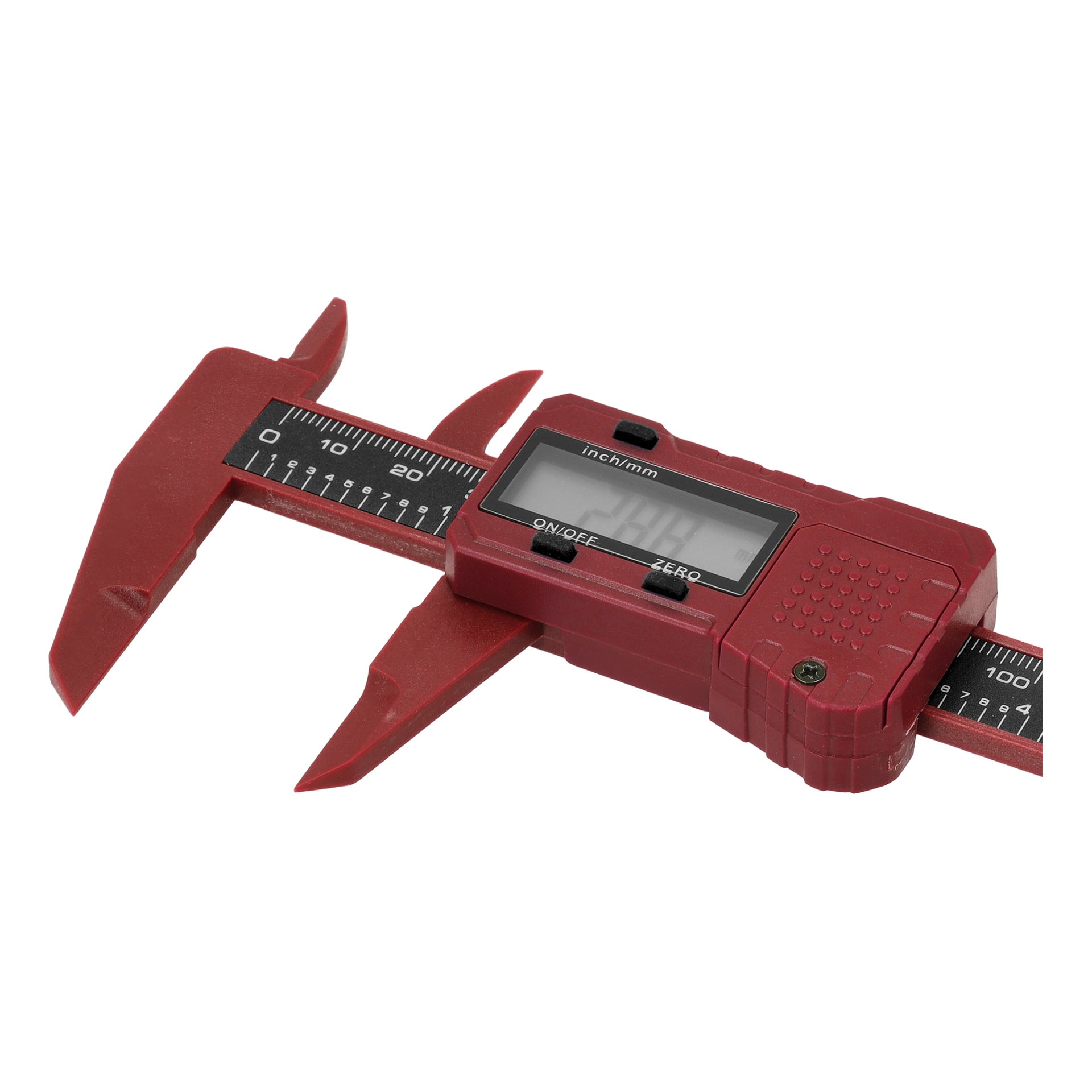 Ein roter Meec Tools digitaler Vernier-Bremssattel mit LCD-Bildschirm und metrischer Skala, ausgestattet mit Messklauen und Bedientasten mit den Markierungen EIN/AUS und NULL.