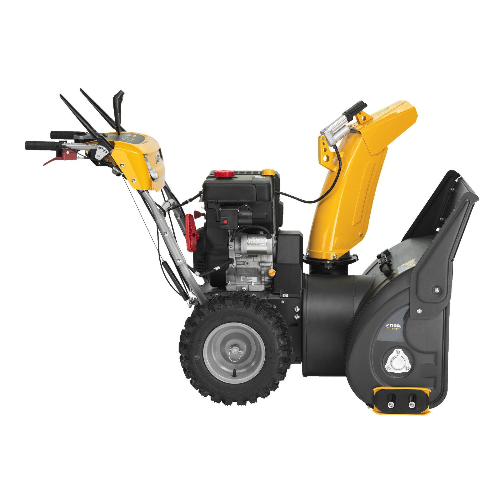 Der Stiga Schneefräse ST 7276 PH ist ein gelb-schwarzer zweistufiger Schneefräse mit großen Rädern, einem ergonomischen Lenker mit integrierten Bedienelementen und einem Auslassschacht zum Lenken von Schnee, von der Seite betrachtet.