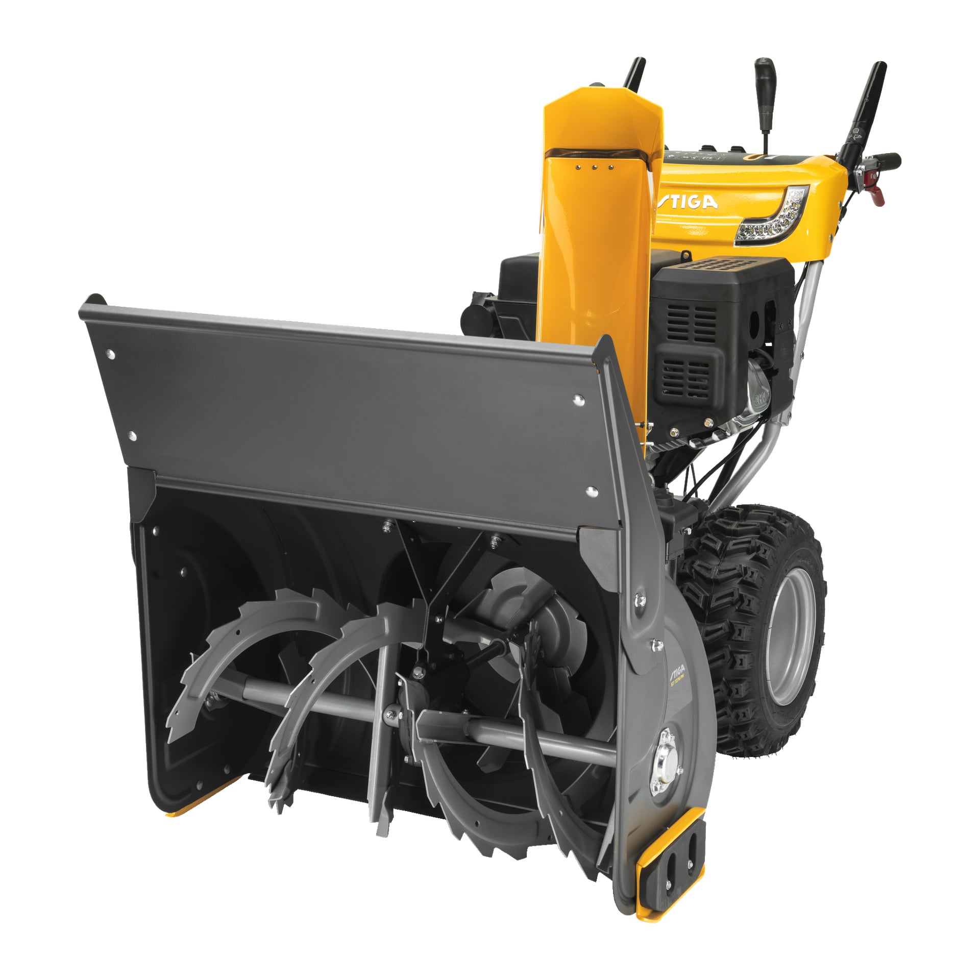 Ein Stiga Snow Thrower ST 7276 PH mit gelb-schwarzem Farbschema, großen Reifen, stabilen Metallschnecken und ergonomischen Steuerhebeln ist von der linken Front zu sehen.