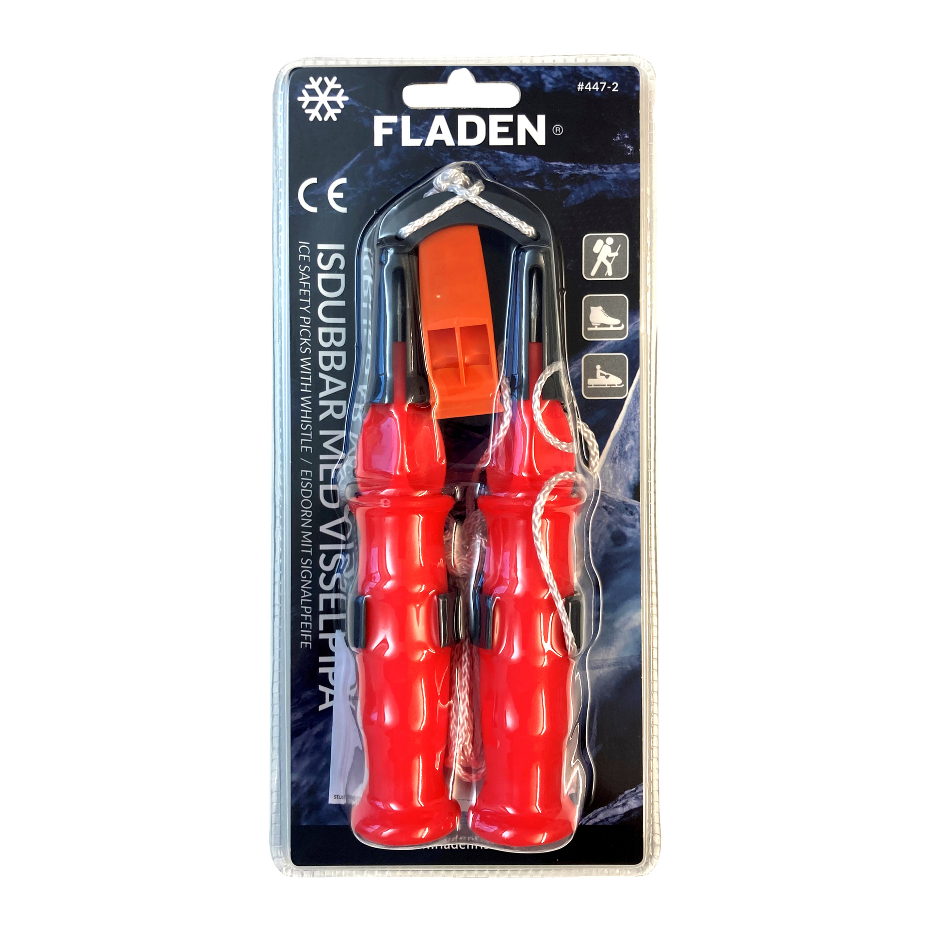 Zwei rote Fladen Ice Prods mit angebrachter Pfeife sind durch eine weiße Schnur verbunden und in einer durchsichtigen Kunststoffverpackung versiegelt. Dahinter sind das Fladen-Logo und mehrere Eissicherheitssymbole zu sehen.