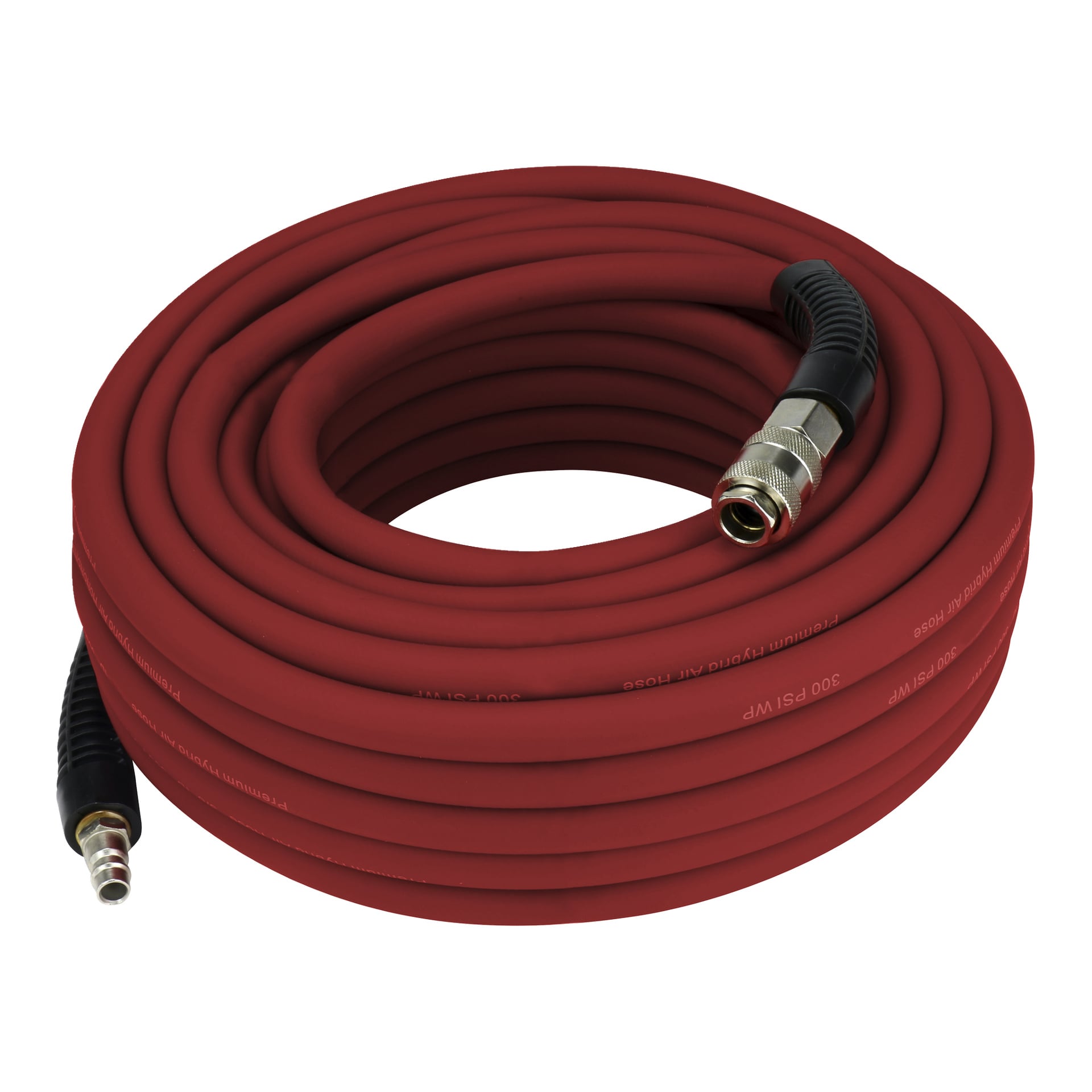 Der Druckluftschlauch von Meec Tools ist aufgewickelt und leuchtend rot, mit Metallverbindungen an beiden Enden; Ein Stecker hat eine schwarze Schutzabdeckung. Der Schlauch ist ordentlich aufgewickelt.