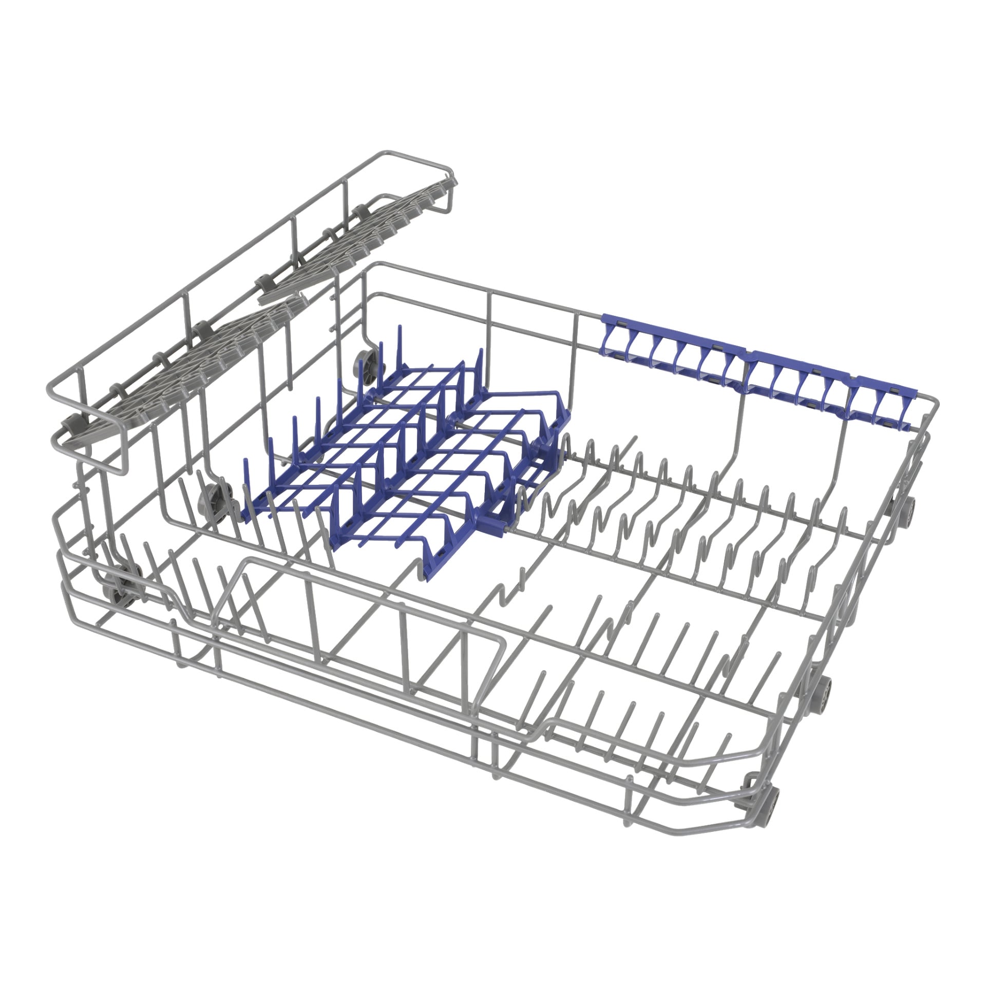 Cup Rack F. 018208 har grått metall med springor och blå plastavdelare för att organisera tallrikar, glas och bestick i diskmaskinen.