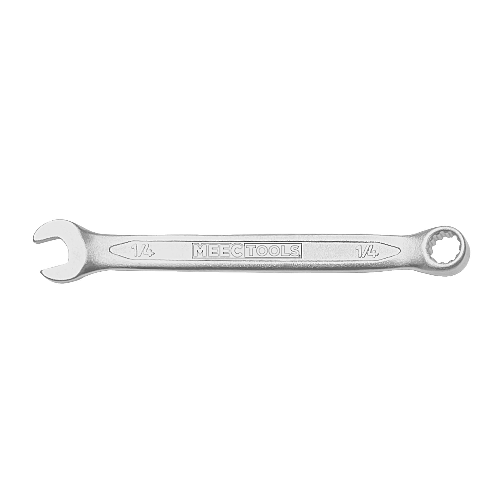 Ein Meec Tools Kombinationsschlüssel mit glänzender silberner Oberfläche, der auf einer Seite ein offenes Ende und auf der anderen Seite eine Ringbox zeigt, beide Seiten mit "1/4" beschriftet.