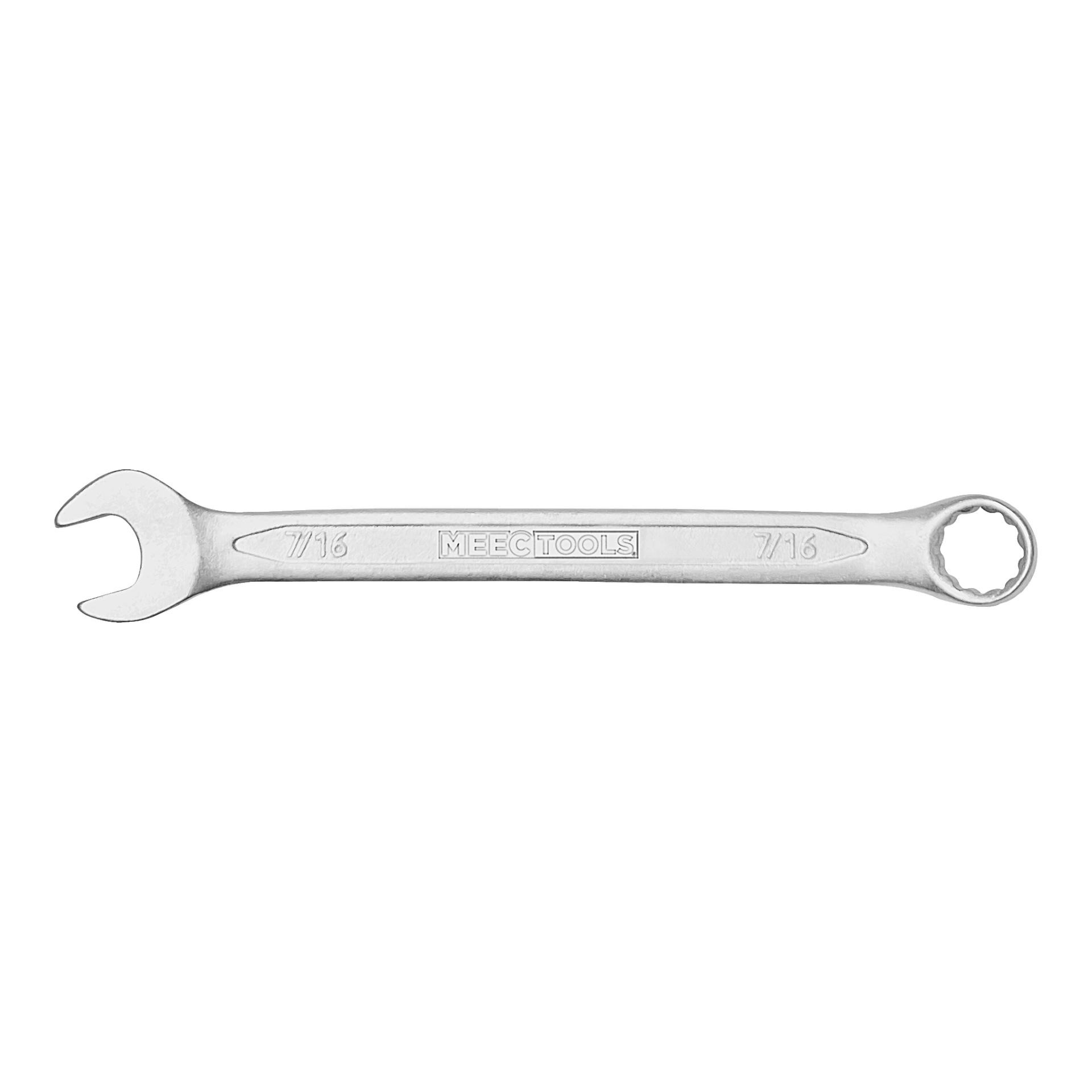 Hopeinen Meec Tools -yhdistelmäavain, jossa vasemmalla on avoin pää ja oikealla renkaan muotoinen suljettu pääty. Kahva on kaiverrettu "Meec Tools" ja "7/16".