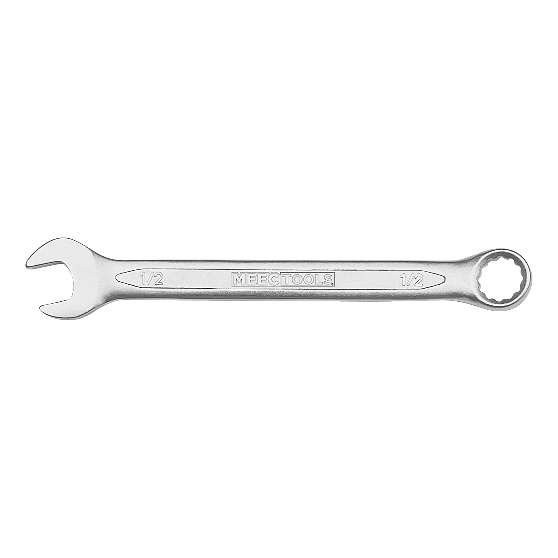 Hopeinen Meec Tools -yhdistelmäavain, jossa on puoli tuumaa avoin pää toisella puolella ja 1/2 tuuman suljettu rengas toisella.