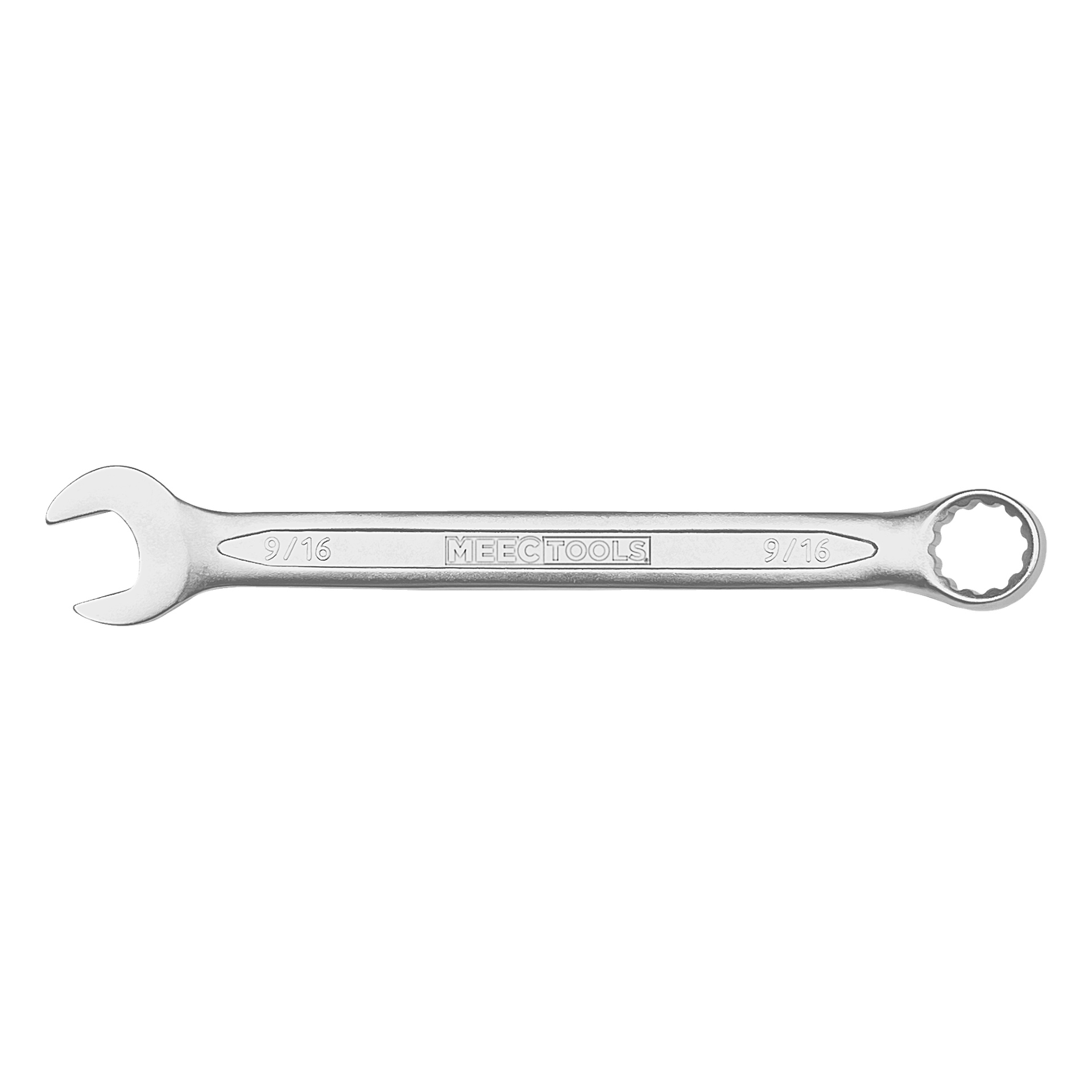 Hopeinen Meec Tools -yhdistelmäavain, jossa oli avoin pää toisella puolella ja suljettu rengas toisella, ja kahvaan oli kaiverrettu "9/16" ja "Meec Tools".