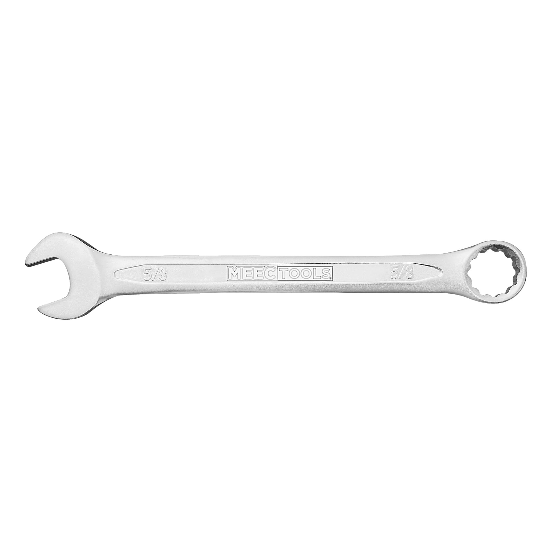 Hopeinen Meec Tools -yhdistelmäavain, jossa on avoin pää vasemmalla puolella ja rengas oikealla, kaiverrettu "5/8" ja "Meec Tools".