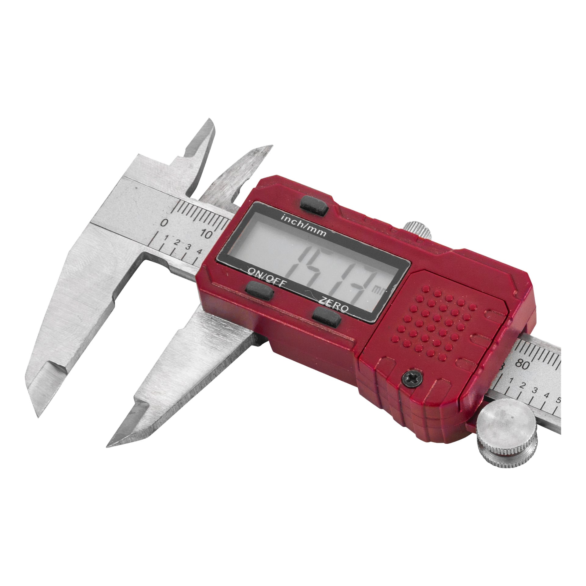 Ein digitaler Bremssattel von Meec Tools mit teilweise geöffneten Edelstahlkiefern, einer durchsichtigen Messwaage und einem Display mit 45,12 mm.