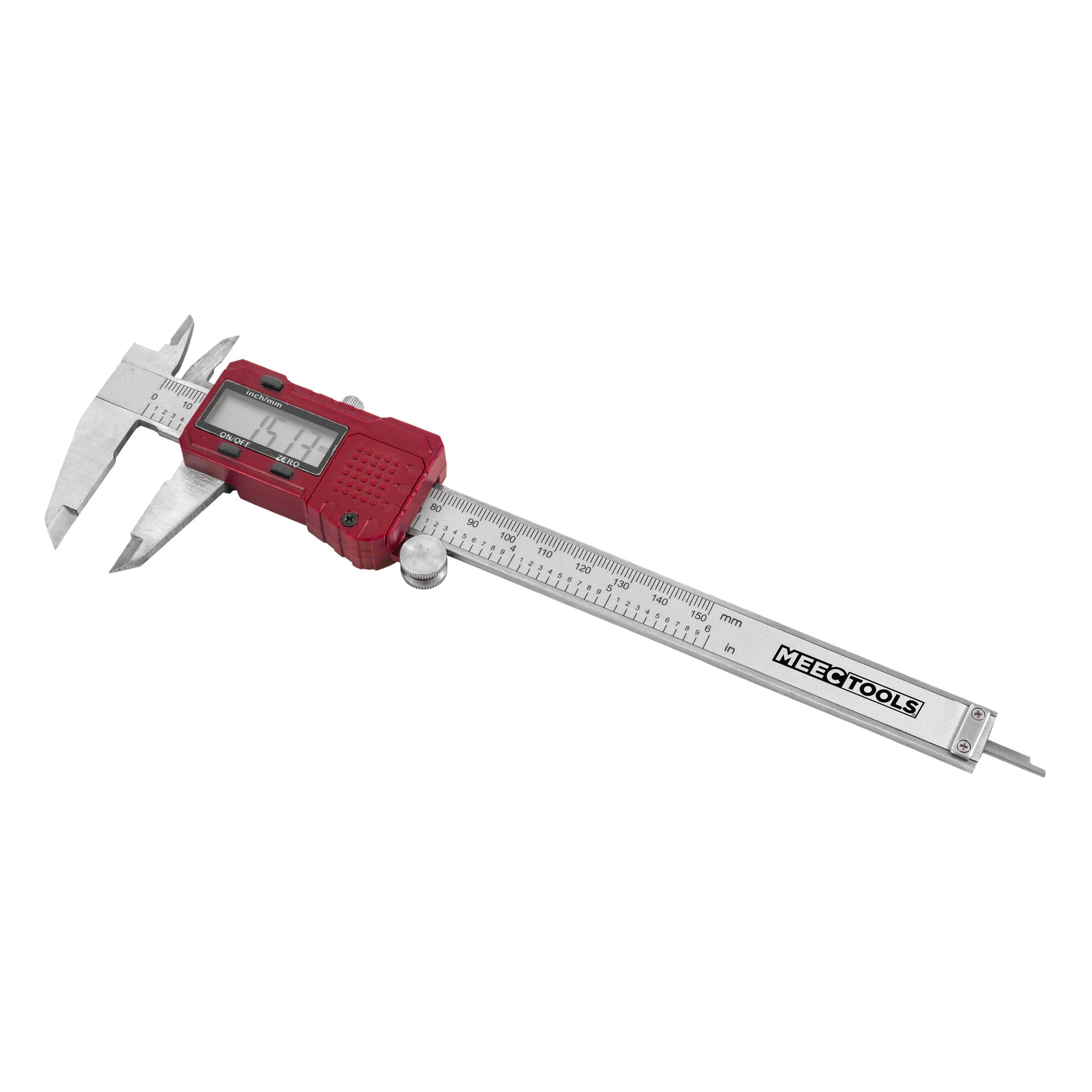 Ein digitaler Vernier-Bremssättel mit rotem Gehäuse zeigt eine Messung auf seinem Display an. Er umfasst sowohl Millimeter- als auch Zollmaßstäbe, und der Metallteil trägt die Marke "Meec Tools".