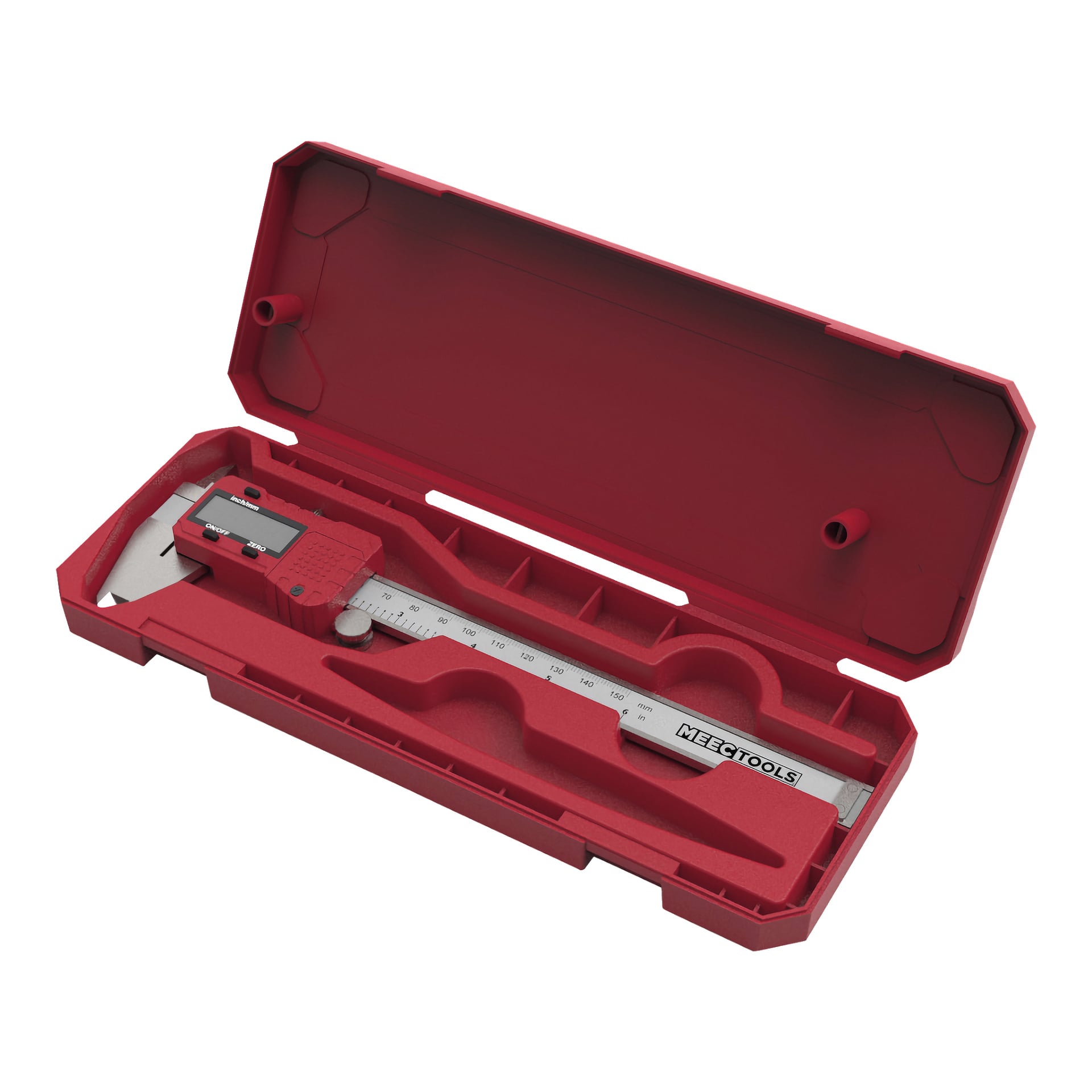 Eine rote Kunststoff-Meec Tools-Tasche liegt offen und enthält digitale Vernier-Bremssättel mit einer Metallmaßwaage und roten Highlights. Das Innere des Gehäuses ist speziell so geformt, dass die Bremssättel fixiert werden.