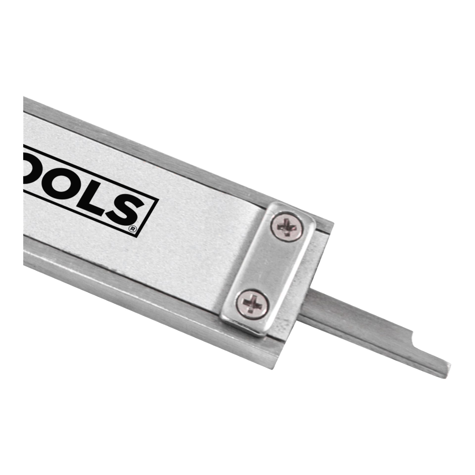 Nahaufnahme eines Meec Tools Digital Vernier Bremssättels mit einer flachen, gekerbten Messklinge, die von einem rechteckigen Griff mit zwei Schrauben befestigt wird. Ein Teil des Meec Tools-Logos ist auf dem Griff zu sehen.