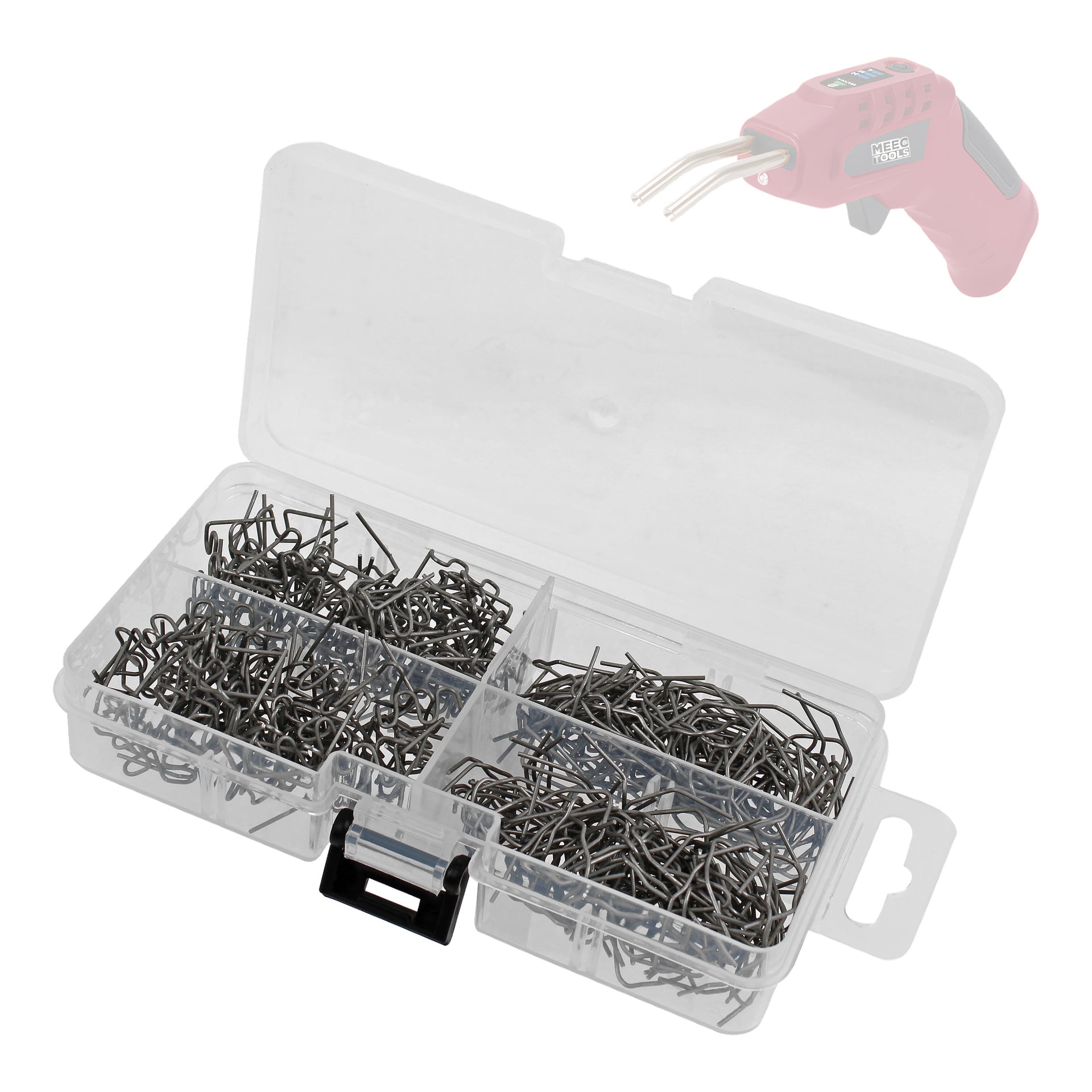 Das Meec Tools Staples for Plastic Welding 400 Pack wird in einem durchsichtigen Kunststoffgehäuse mit vier Fächern ausgestellt, von denen jedes Metallklammern enthält. Ein Hand-Elektrowerkzeug mit rosa Griff und Metallzinken ist oben rechts zu sehen.