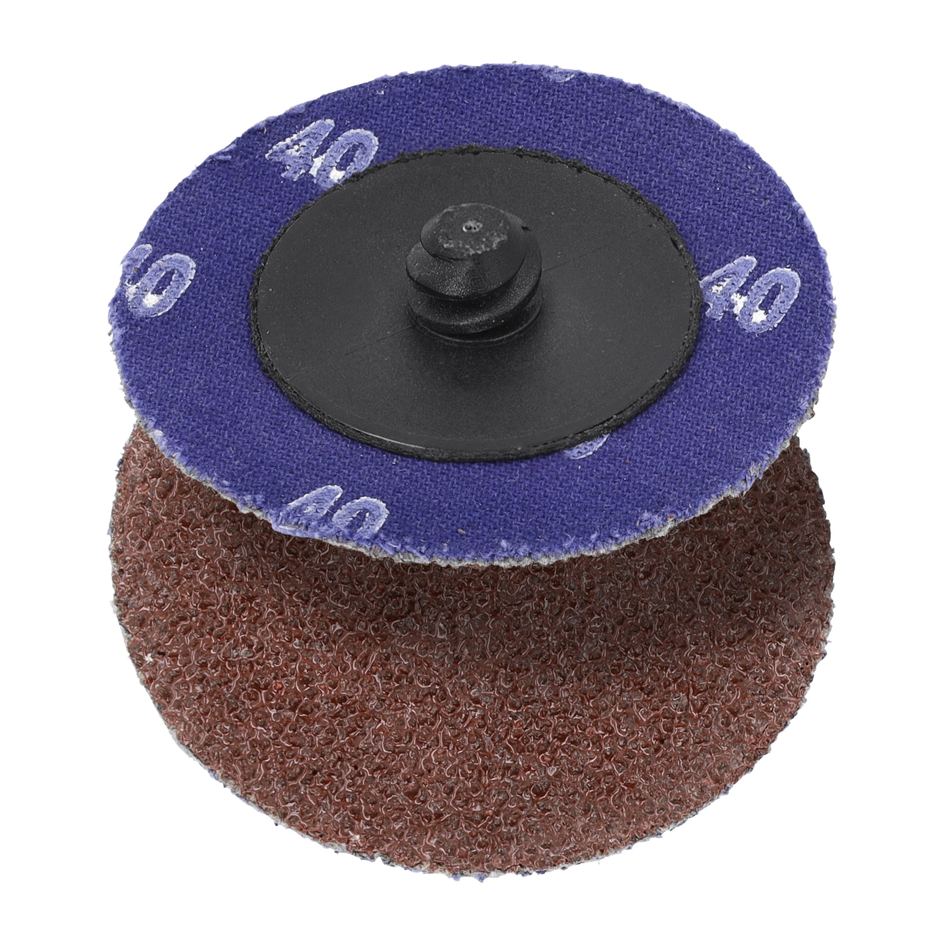 Szczegółowy widok Quick Change Switch Disc Boarding Disc do śrubokrętów Meec Tools pokazuje jej szorstki, brązowy, ścierny spod, niebieski tył oznaczony literą "40" na górze oraz plastikowy piastę pośrodku.