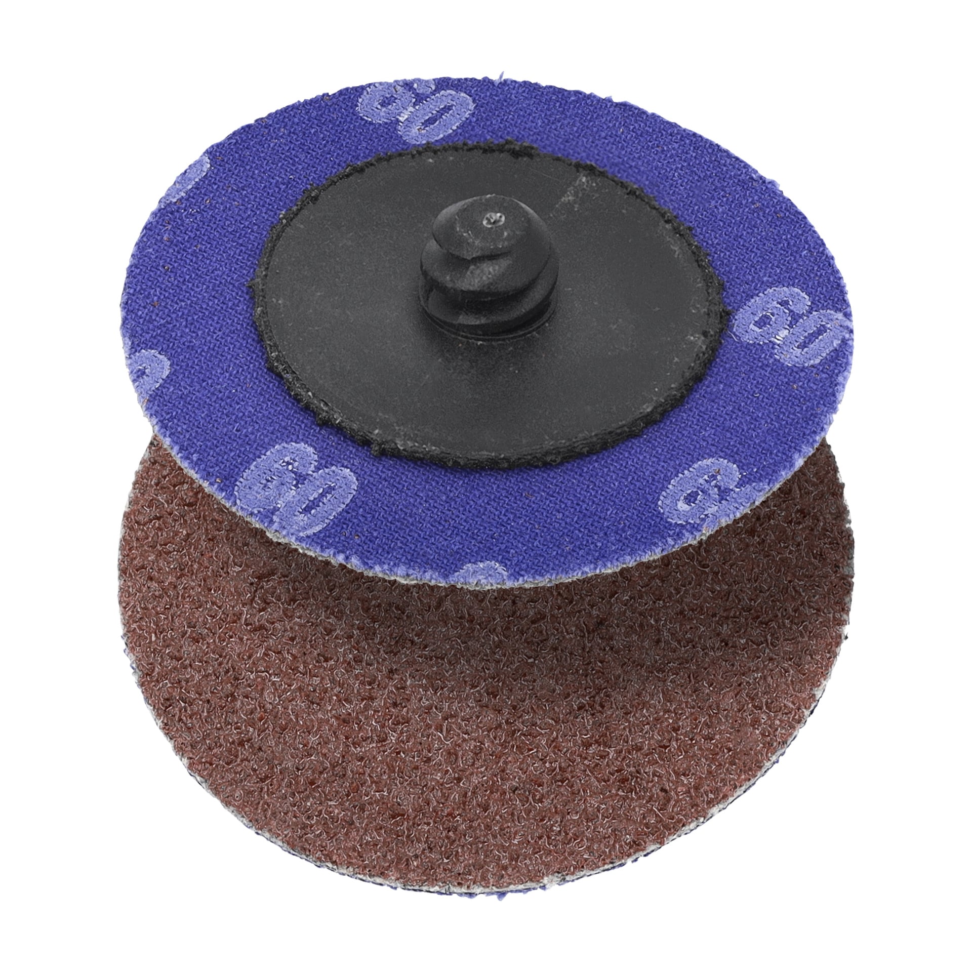 Dwa Quick Change Boards Landing Lifting Boards for Screwdrivers pokazane są ułożone w stos, każdy z czarnym środkowym mocowaniem na środku. Górny dysk jest niebieski i oznaczony numerem 60, natomiast pod nim brązowy dysz ma chropowatą fakturę odpowiednią do szlifowania lub szlifowania. Te płyty są częścią zestawu 15 płyt.